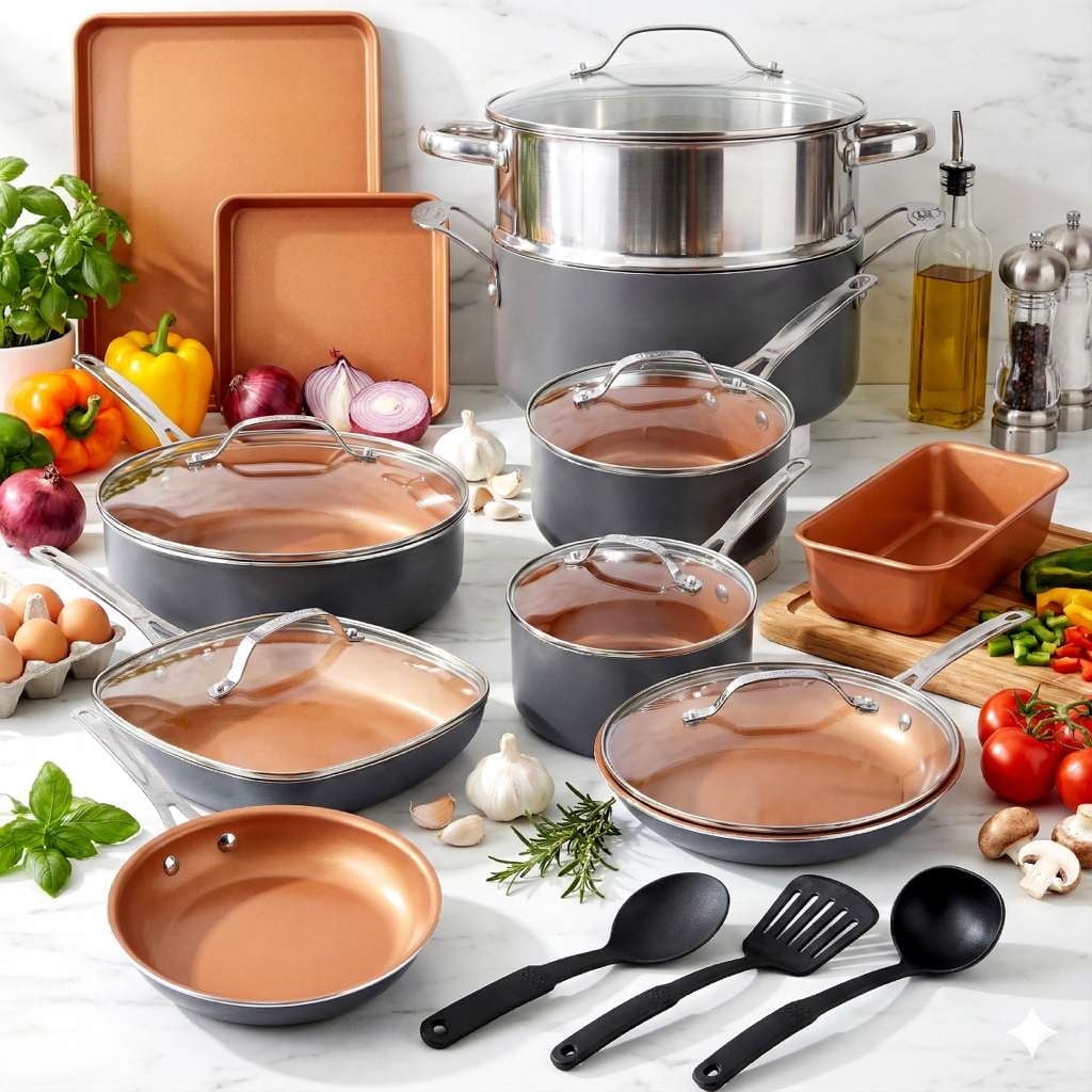 Gotham Steel TRUE VALUE 20 Pc Ceramic Pots and Pans Set Non Stick, Ceramic Cookware Set with Bakeware, Pot and Pan Set with Utensils, Non Stick Pots and Pan Set, Oven & Dishwasher Safe, Copper