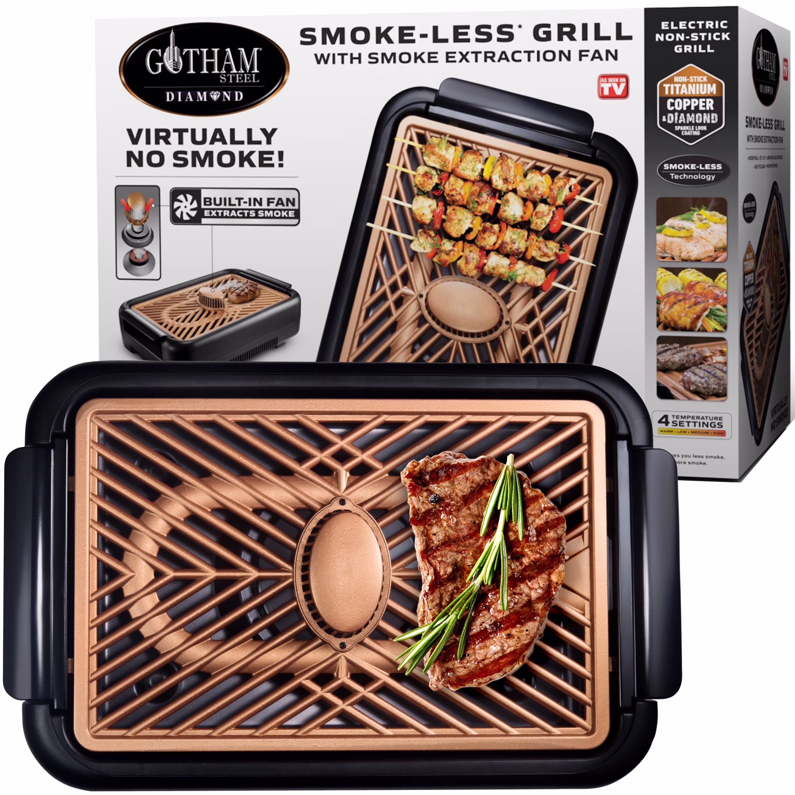 Gotham Steel Diamond Electric Indoor Grill Smokeless Nonstick Electric Grill, Ceramic for Steaks , Indoor Grill 15" x 10"