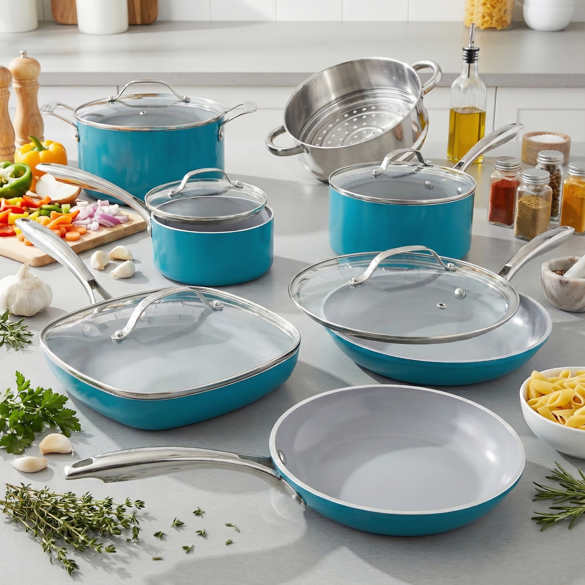 Gotham Steel 12 Piece Pots and Pans Nonstick Set Ceramic Cookware Kitchen Set, With Frying Skillet, Saucepan, Aqua Blue