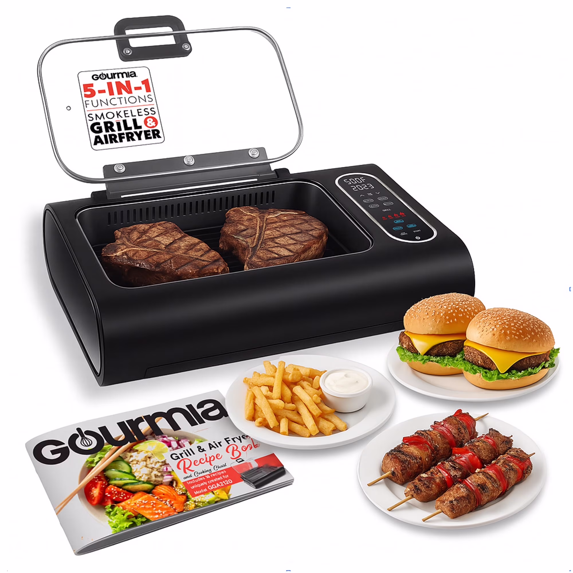Gourmia 6 Qt Smokeless Indoor Grill & Air Fryer, 5-in-1 FoodStation, Black