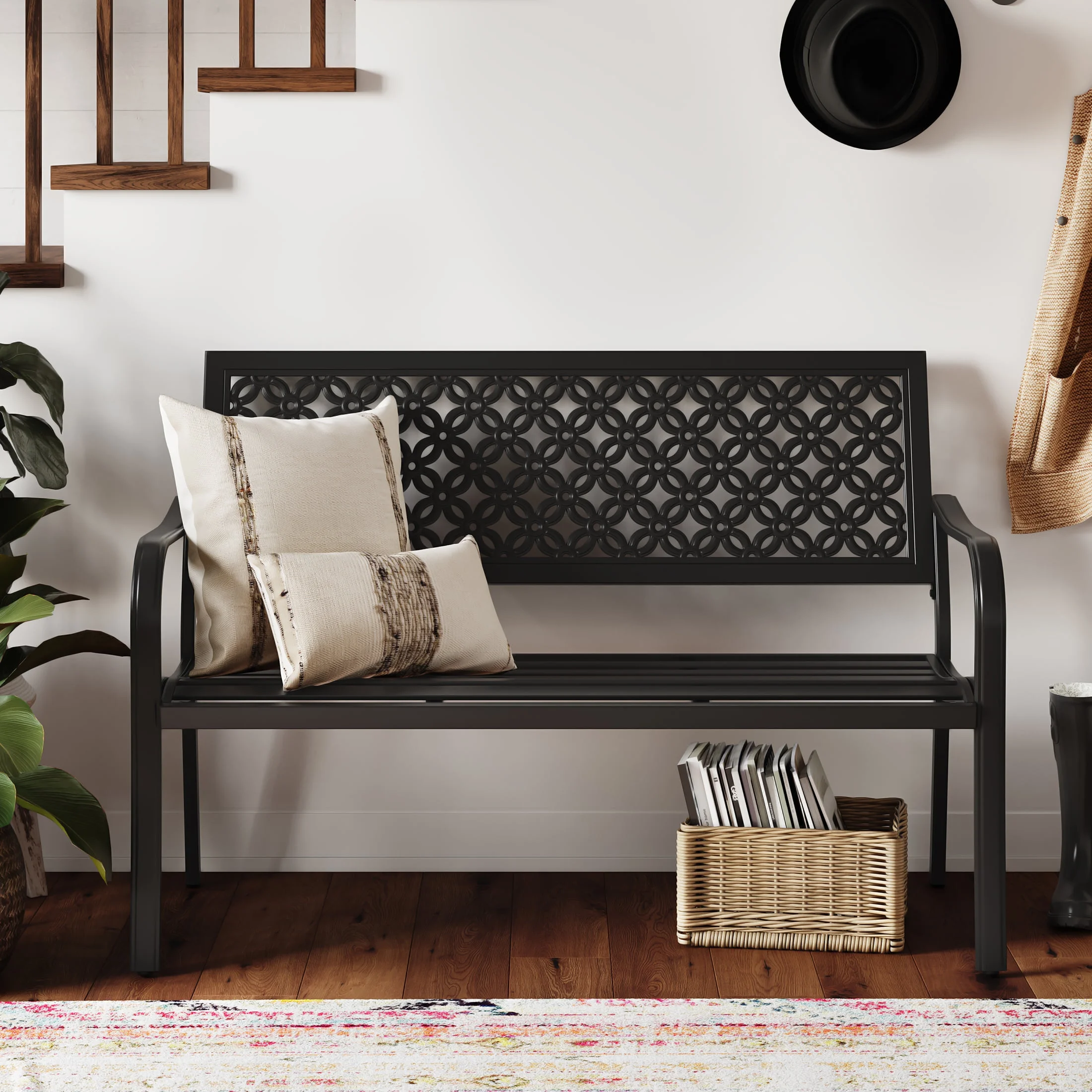 GRANDPATIO Metal Outdoor Bench, Decorative Geometric Back, Weather-Resistant, Modern Style Patio Bench, Black