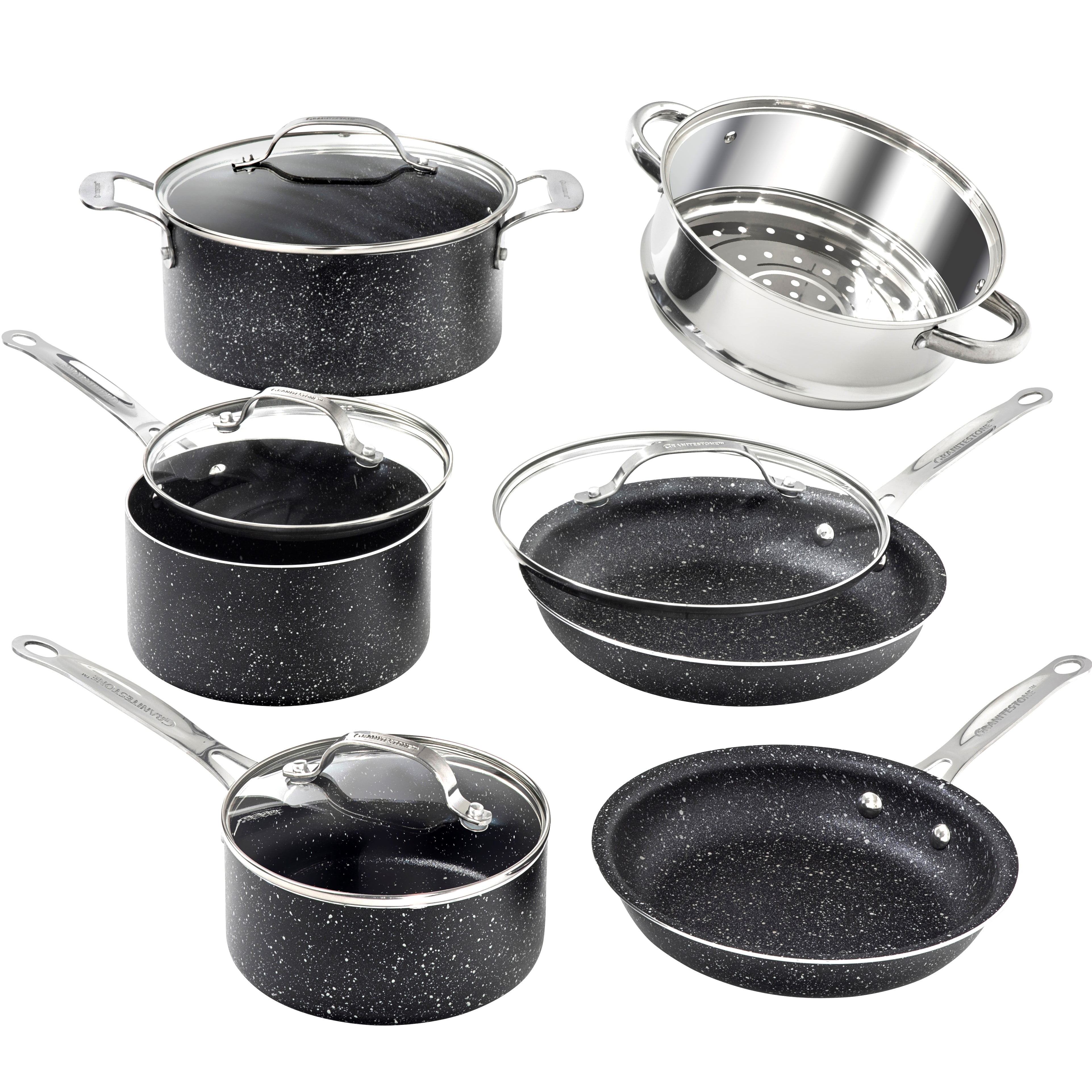 Granitestone Nonstick Pots and Pans 10 Piece Kitchen Cookware Set Cooking Frying Skillet Sauce Pan Stock Pot Black