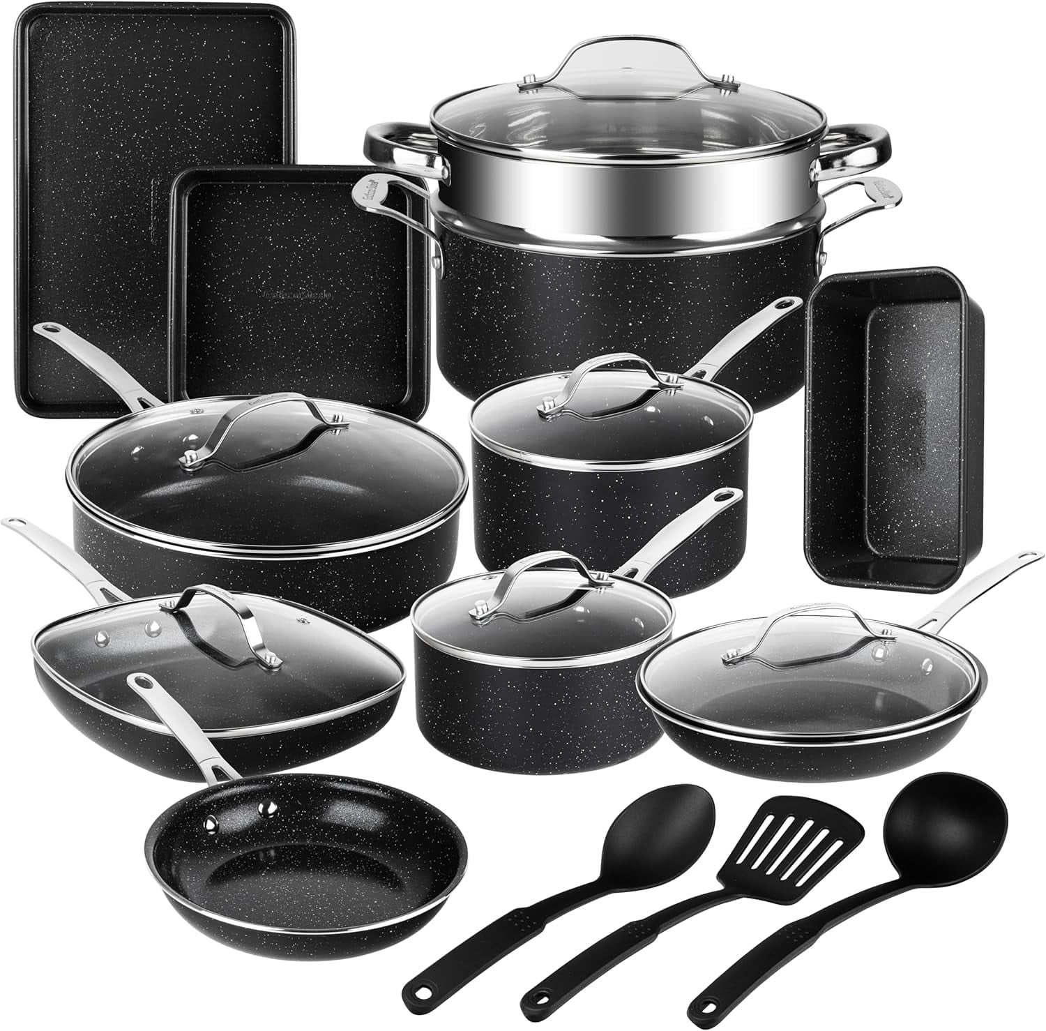 Granitestone 20 Pc Complete Pots and Pans Set Non Stick, Pot and Pan Set Cookware Set with Deep Frying Pan and Bakeware, Non Stick Pots and Pan Set with Utensils, Oven/Dishwasher Safe, Black