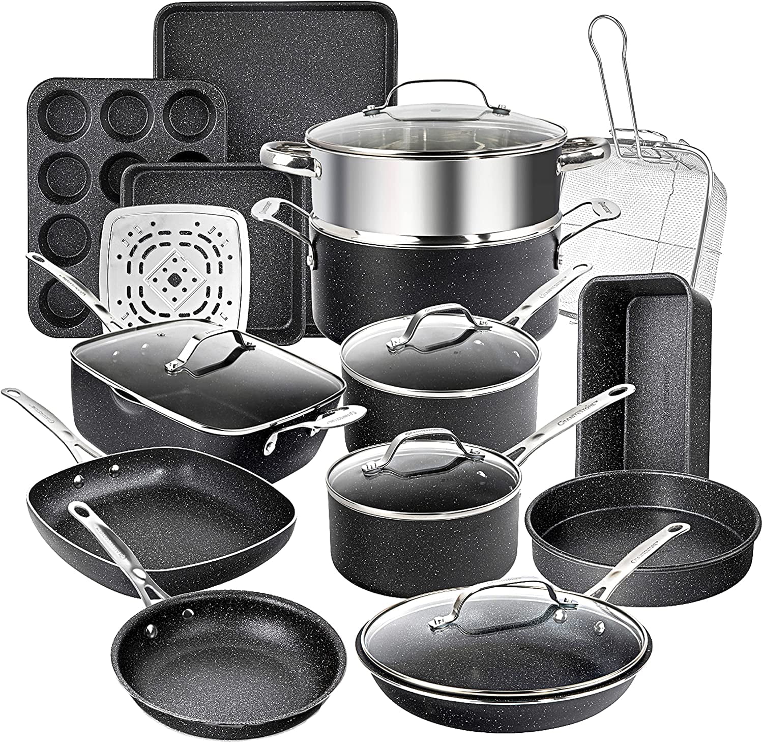 Granitestone True 20 Pc Pots and Pans Set Non Stick Cookware Set with Square Pan/Bakeware Set, Non Toxic Pot and Pan Set, Oven/Dishwasher Safe, Non stick Pots and Pan Set, No Cheater Pieces, Black