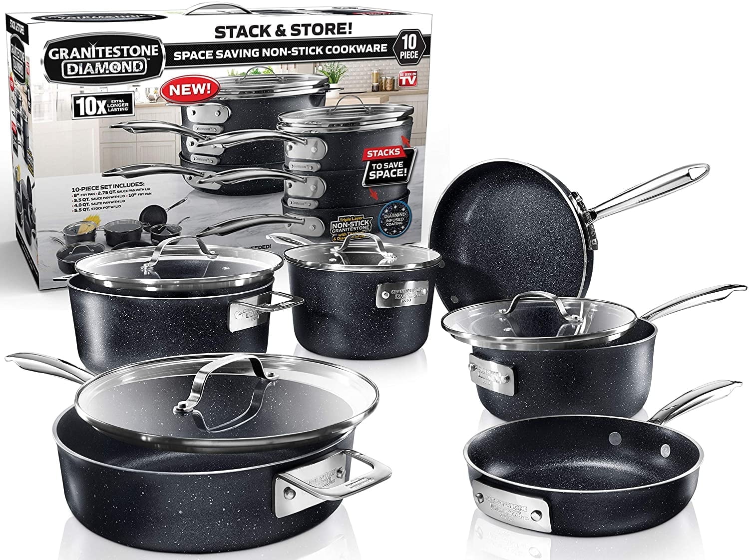 Granitestone Stackmaster Nonstick Pots and Pans Set, 10 Piece Complete Cookware Set, Stackable Design with Ultra Nonstick Mineral & Diamond Coating, Dishwasher & Oven Safe