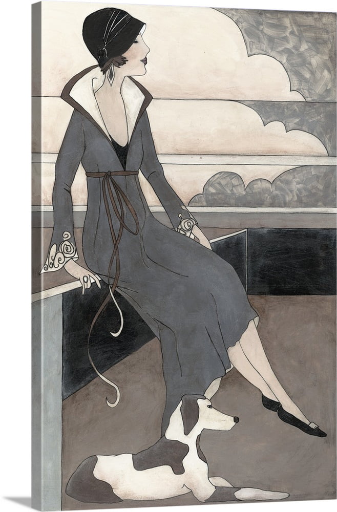 Great BIG Canvas | "Art Deco Lady With Dog" Canvas Wall Art - 24x36