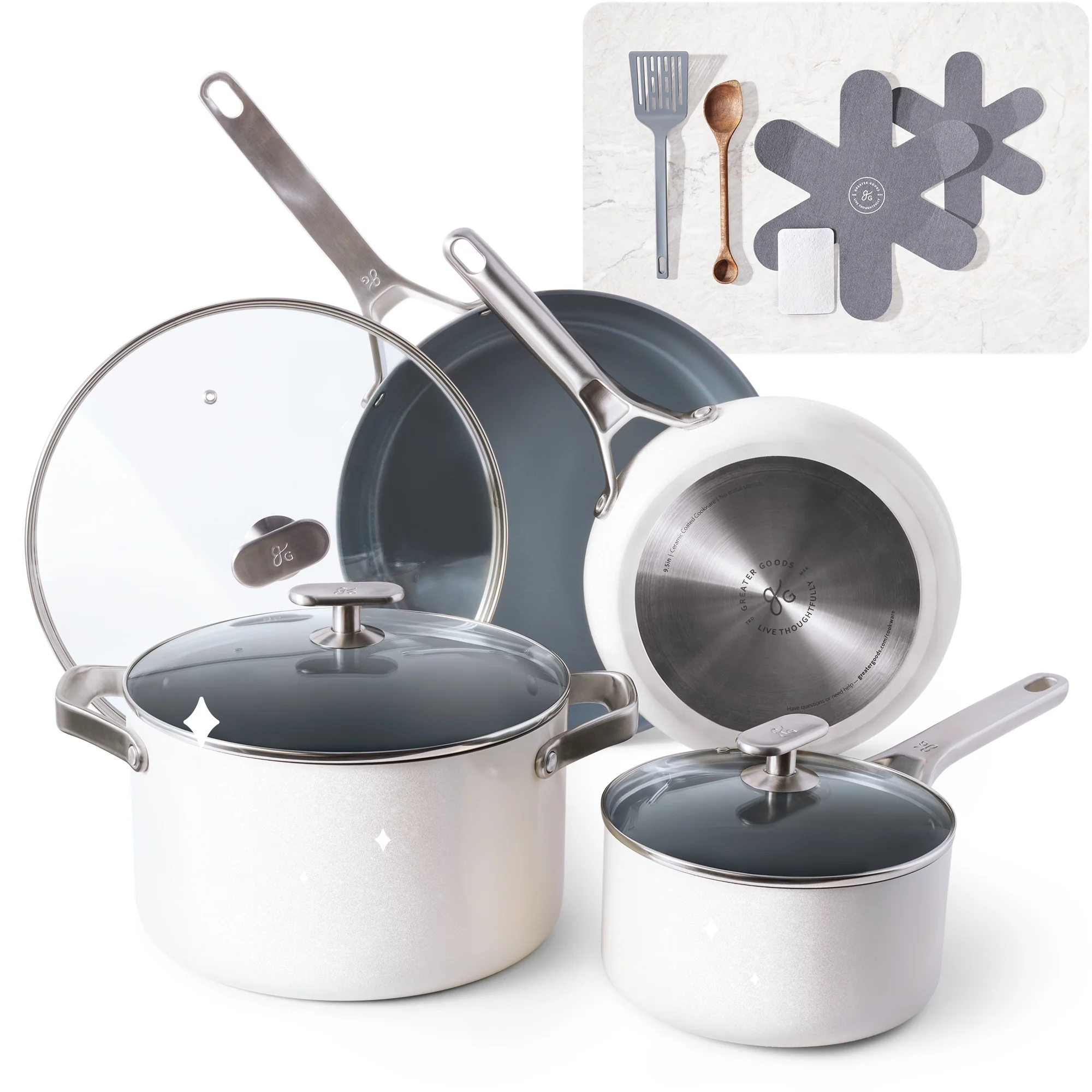 Greater Goods Savvy Ceramic Nonstick Cookware Set, 10 Piece Kit (Birch White)