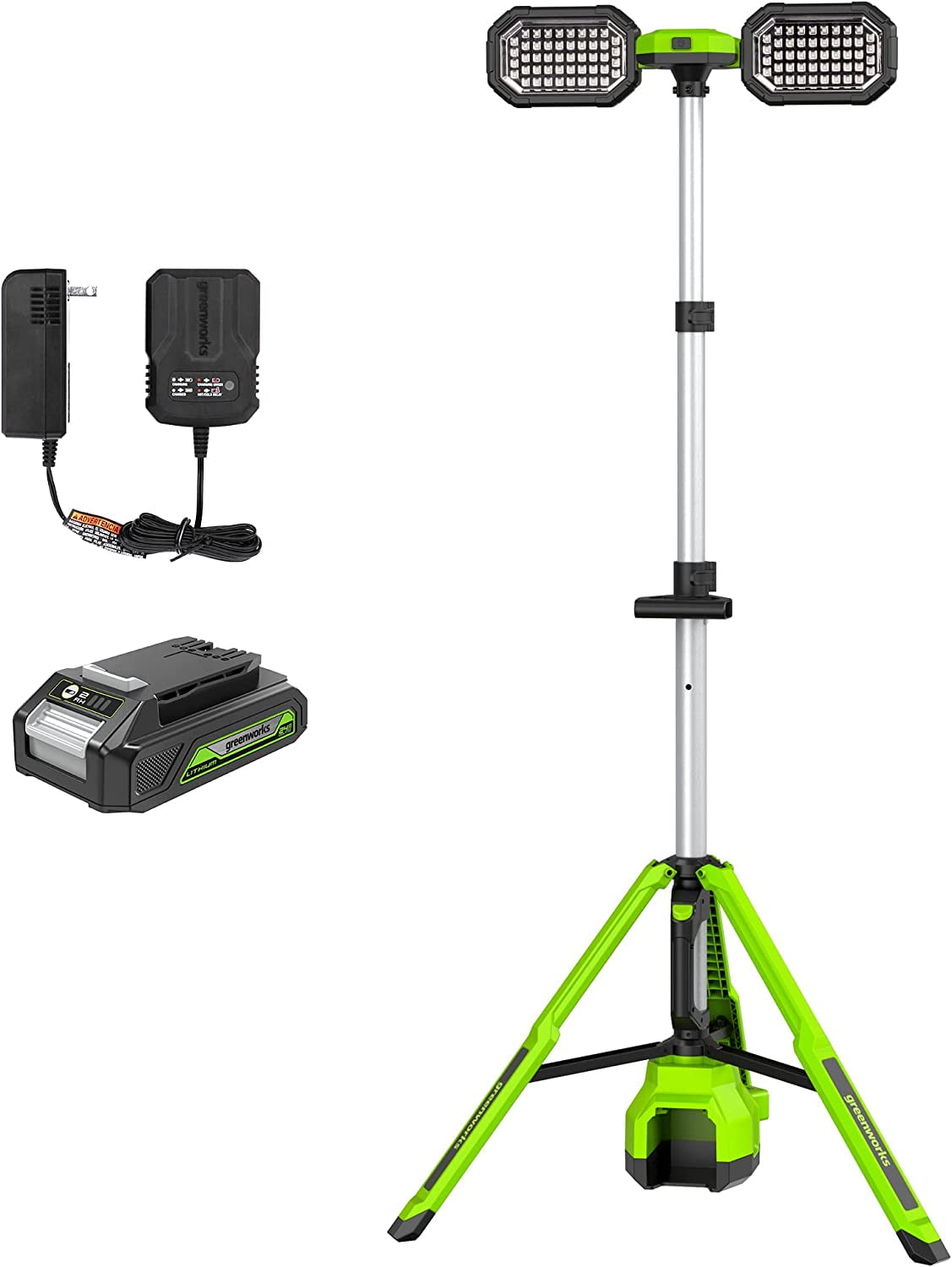 Greenworks 24V Standing Light Kit, LED Tripod Light with 2Ah Battery and 2A Charger