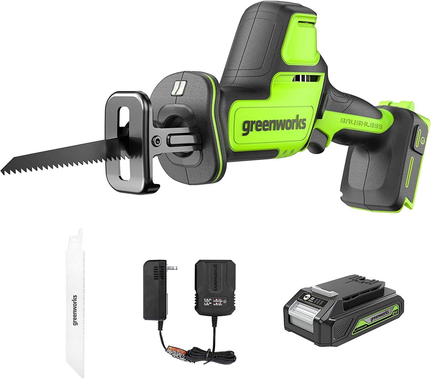 Greenworks 24V 1" Brushless Compact Reciprocating Saw + 2 Ah Battery and Charger 1201802