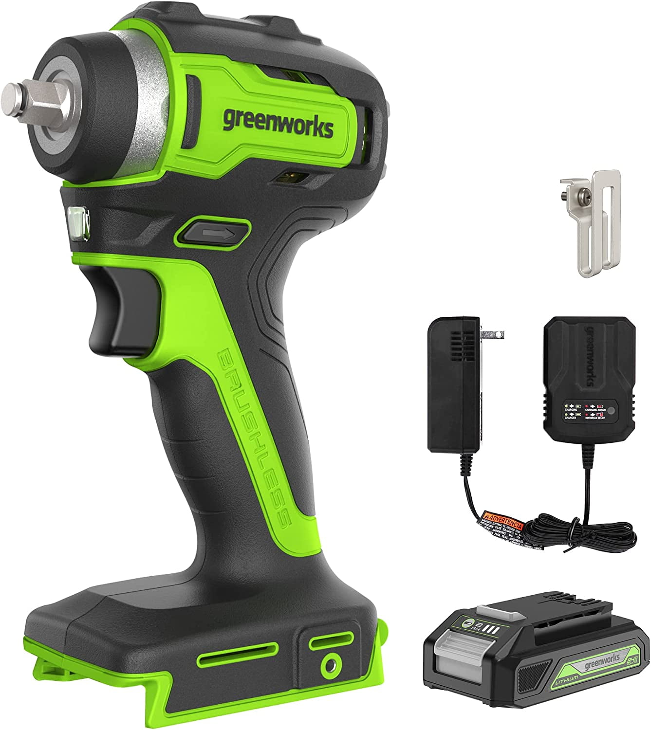Greenworks 24V 3/8" Brushless Cordless Impact Wrench, 2.0Ah Battery & Compact Charger 3808102