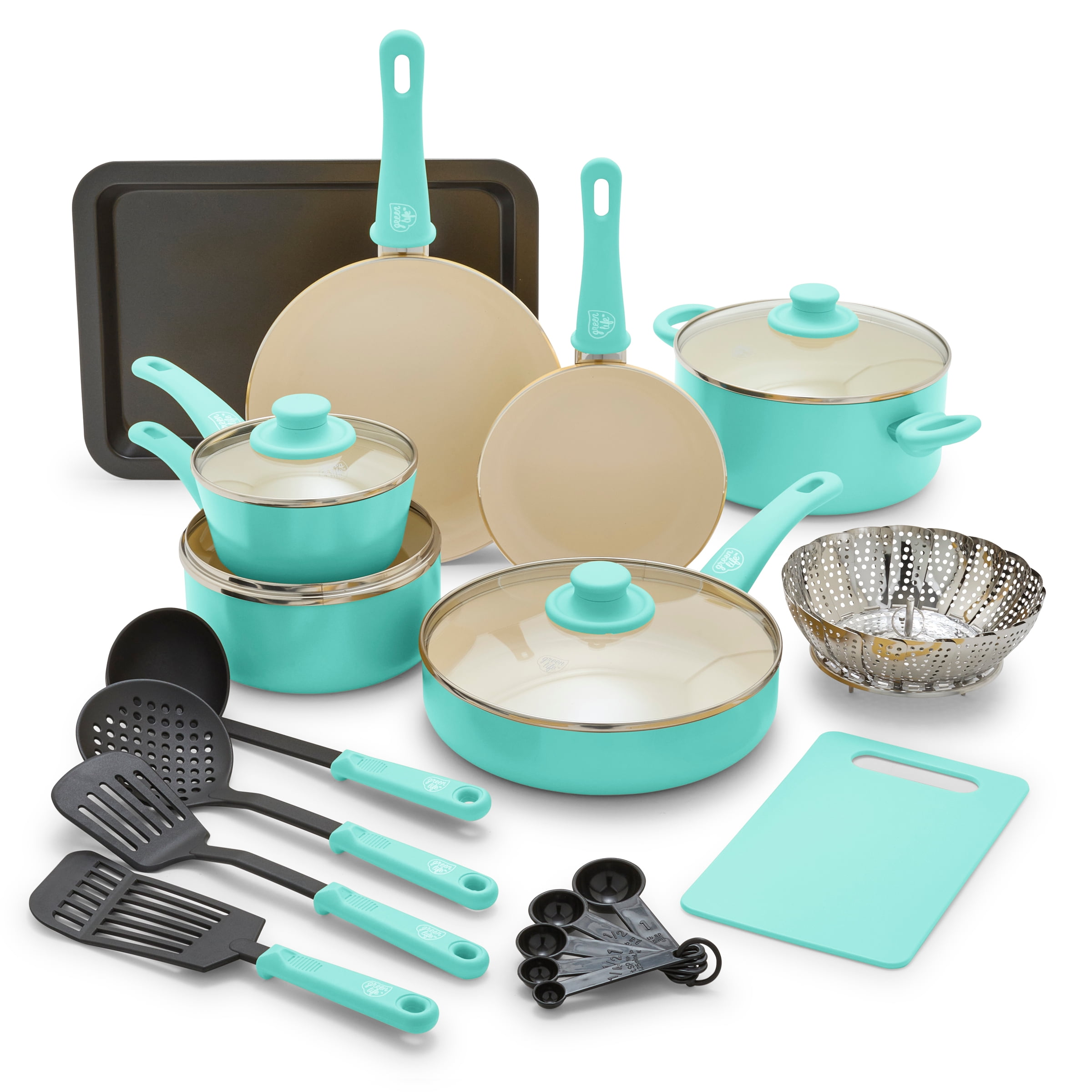 GreenLife 18-Piece Ceramic Nonstick Cookware Set, Dishwasher Safe, Soft Grip Handles, Turquoise