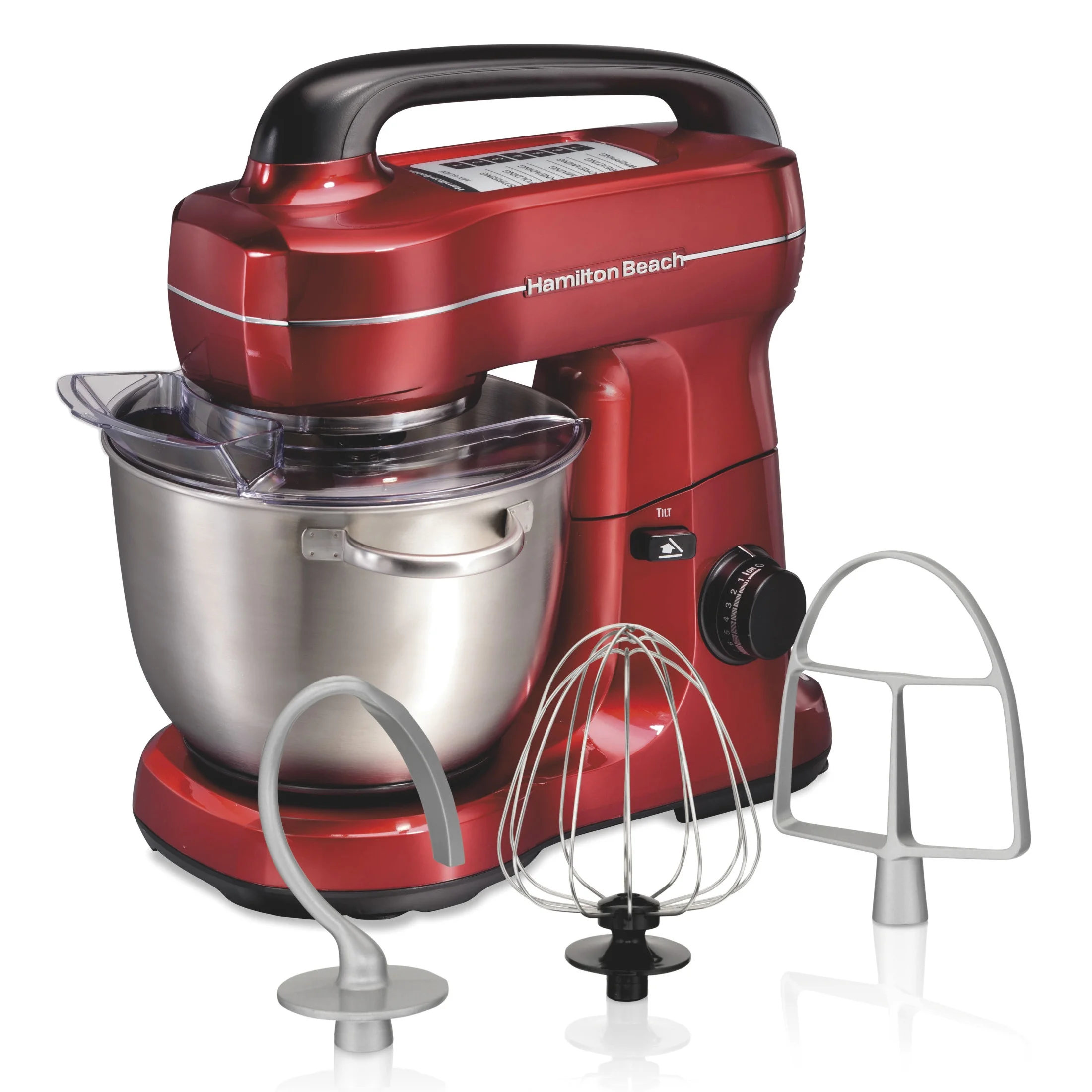 Hamilton Beach 4 Quart Stand Mixer for Kitchen, 7 Speeds, Tilt-Head, Dough Hook, Whisk & Flat Beater, Red
