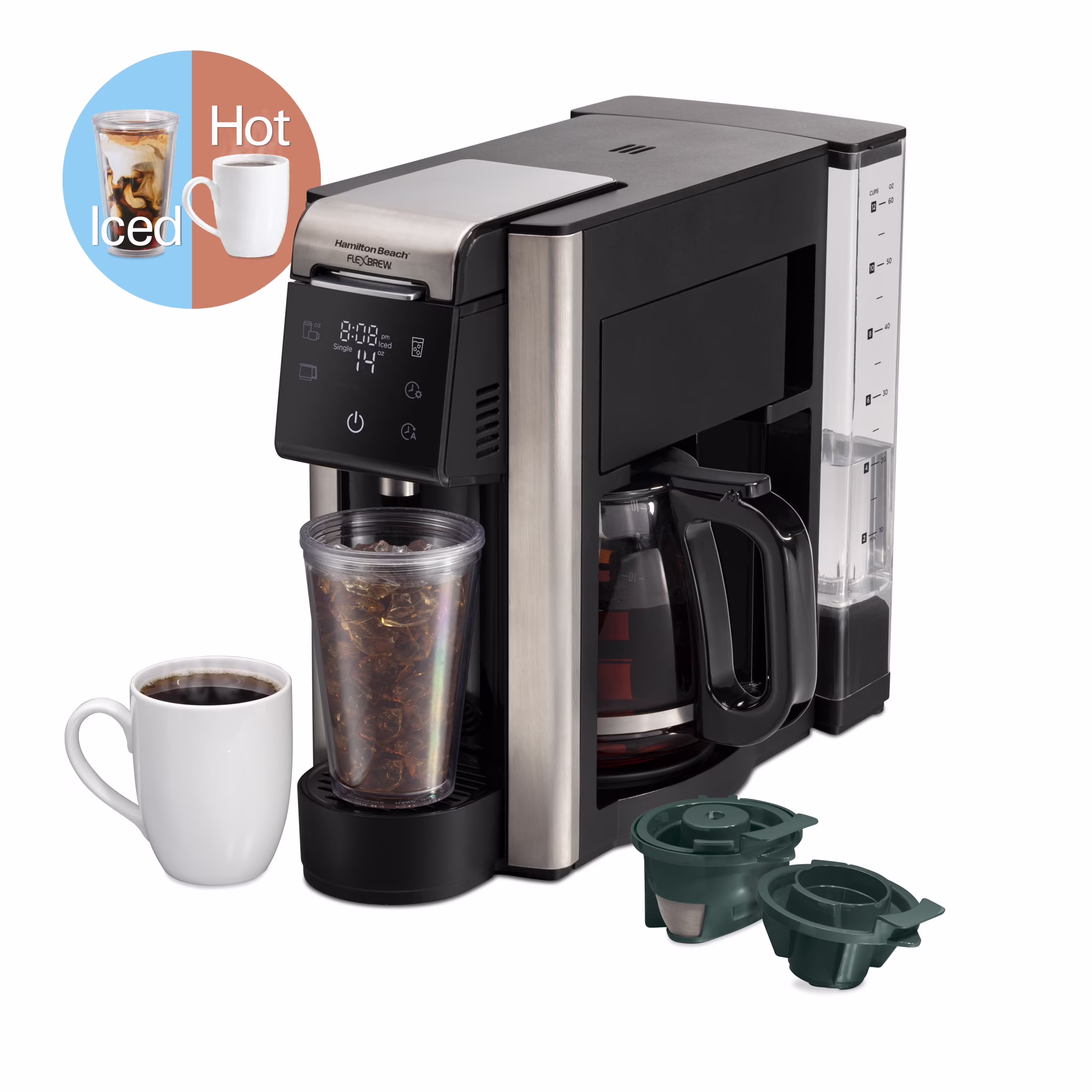 Hamilton Beach FlexBrew 5-in-1 Coffee Maker, Single Serve, 12-Cup Coffee Pot, Hot & Iced, K Cup Pod Compatible or Grounds, Black