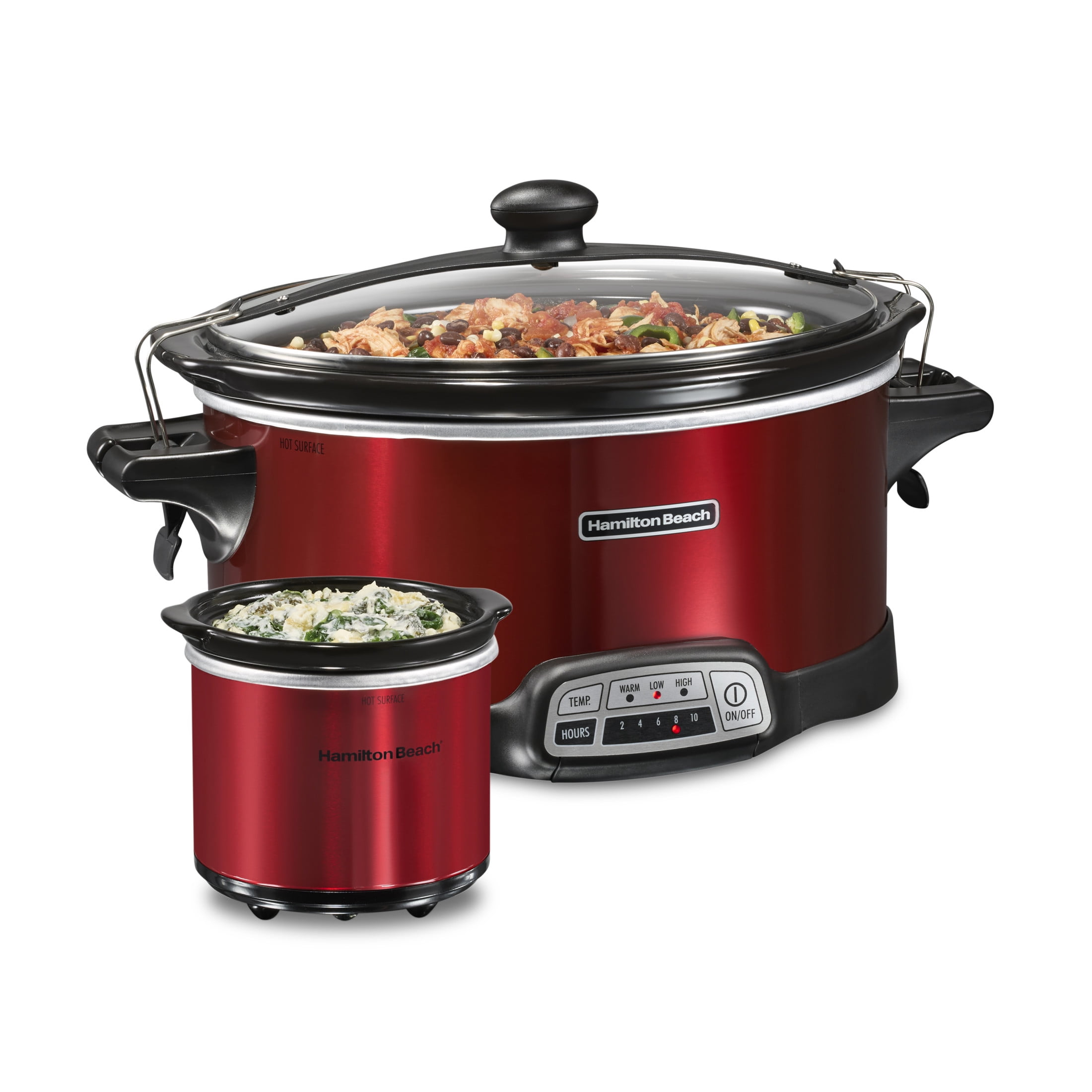 Hamilton Beach 7 Qt Programmable Slow Cooker, Stoneware Crock with Removable Pot, Includes Party Dipper Food Warmer, Red