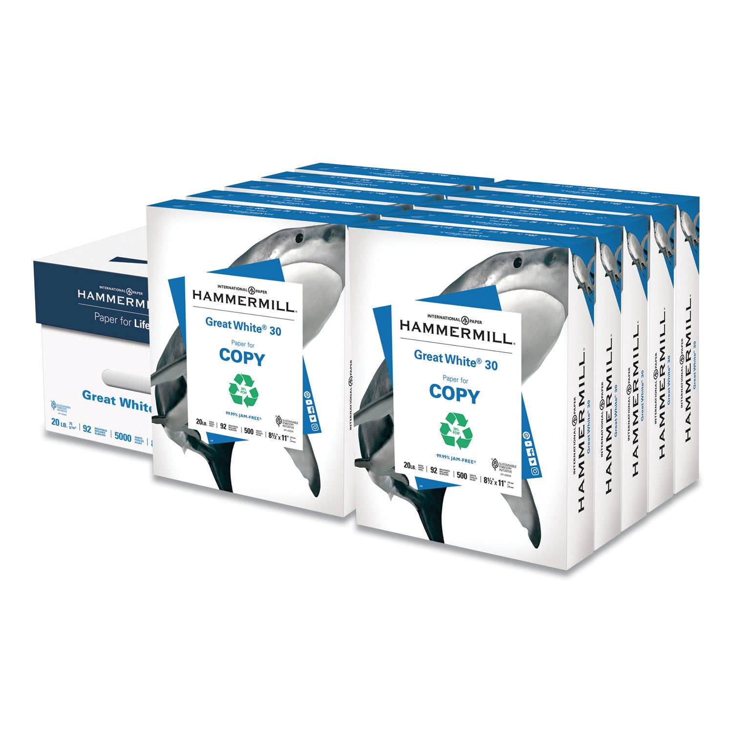 Hammermill Printer Paper, 20 lb Great White 30% Recycled, 8.5" x 11", 5000 Sheets Total (500 per Pack)