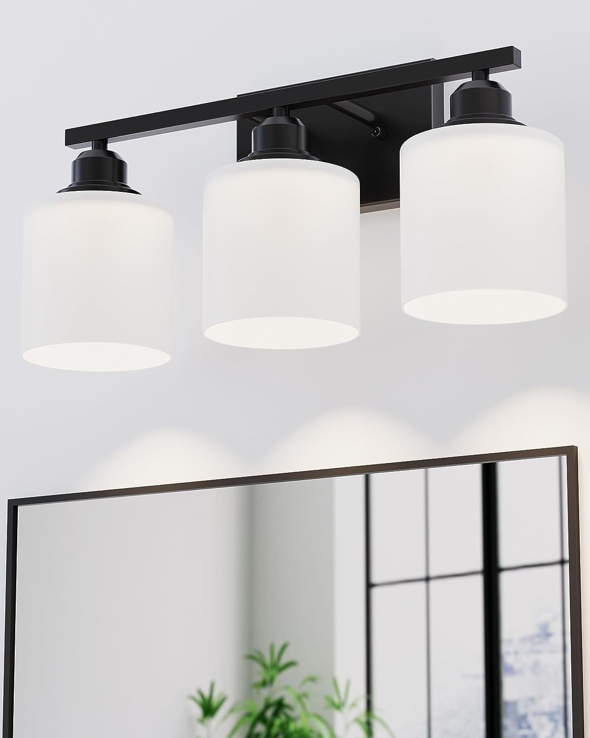 Hansang Modern 3-Light Vanity Light Fixture, Black Finish with Frosted Glass Shades, Bathroom Wall Lighting, Bulbs Not Included