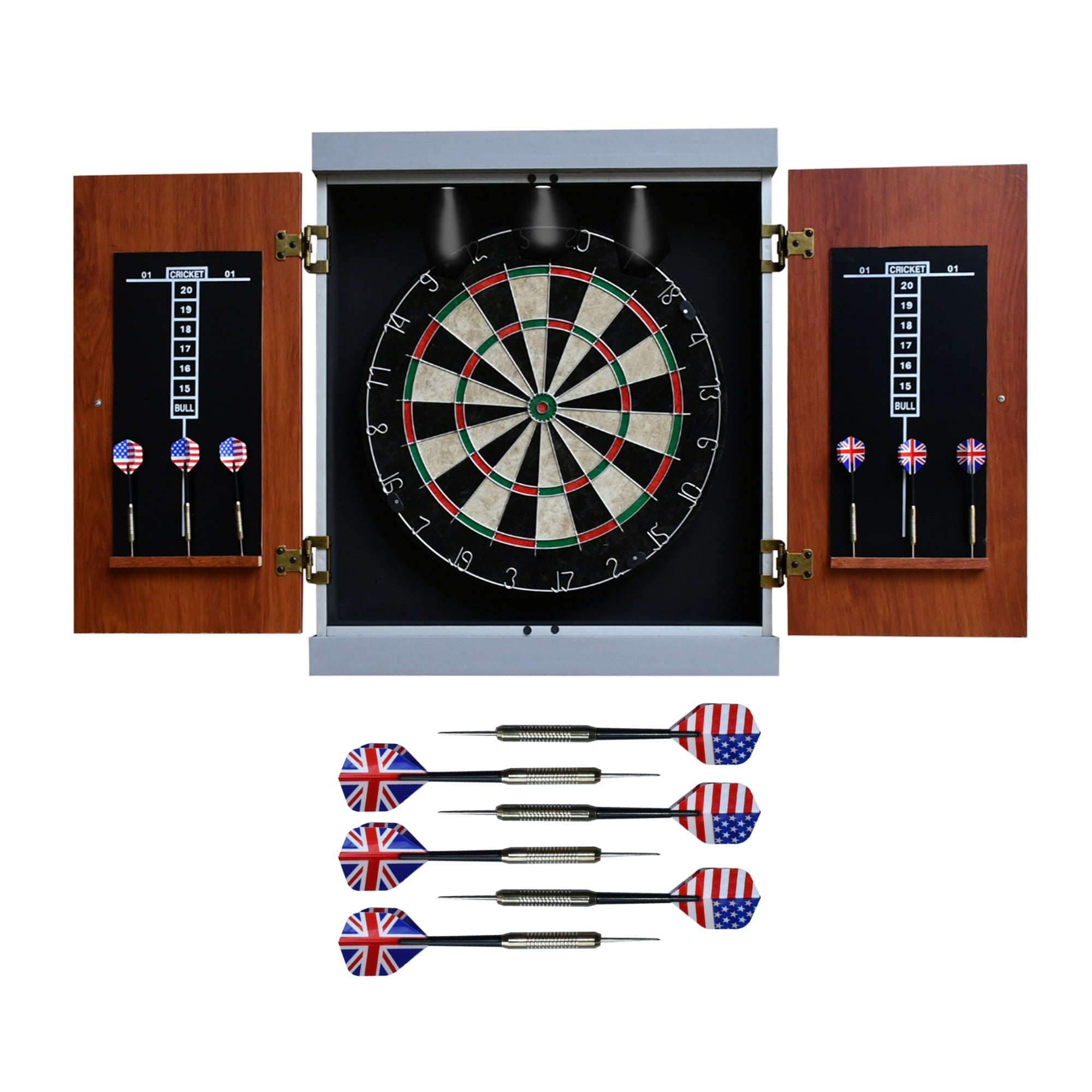 Hathaway Geneva Dartboard Cabinet with Integrated Lighting, Grain/Black/Gray