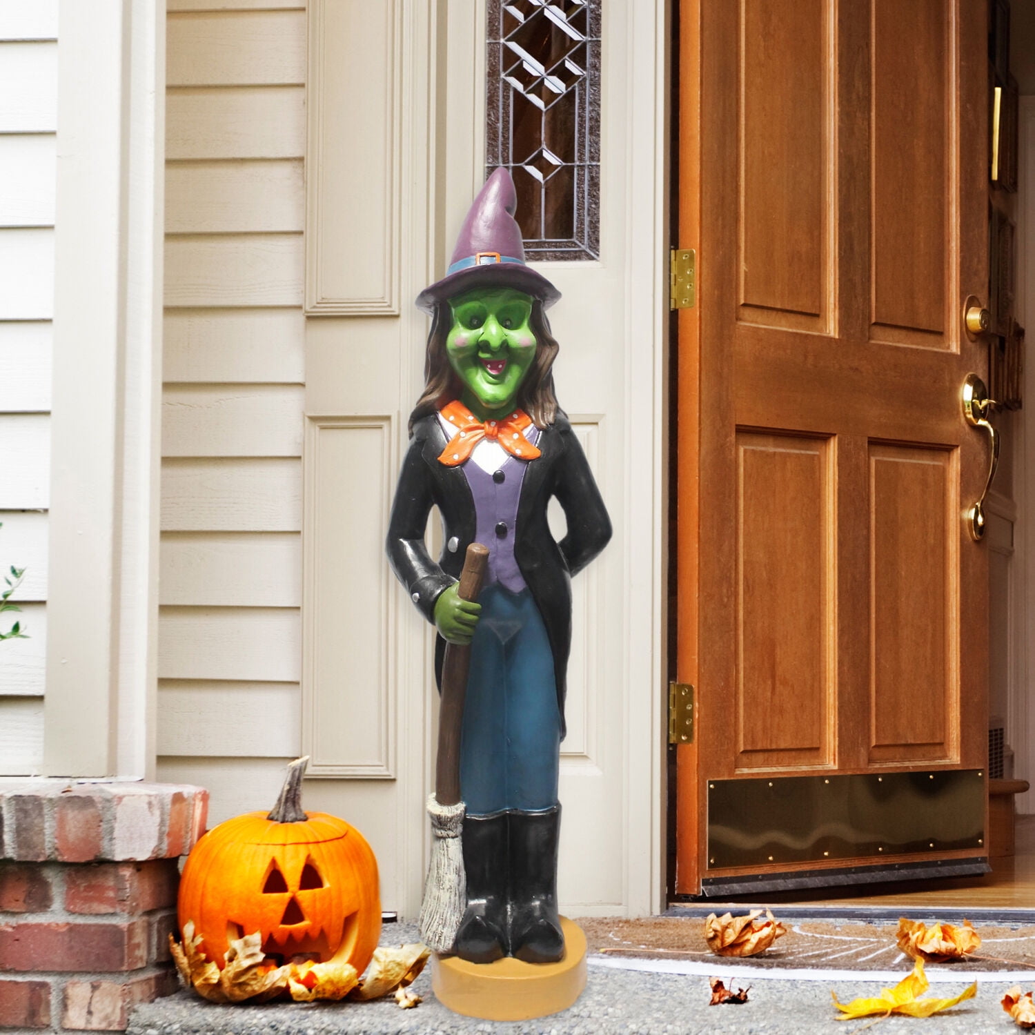 Haunted Hill Farm 4-Ft. Scary Witch Holding a Broom, LED Lighted Eyes, Resin Halloween Prop, Indoor or Covered Outdoor Decoration, HHRS048-1WTC-MLT