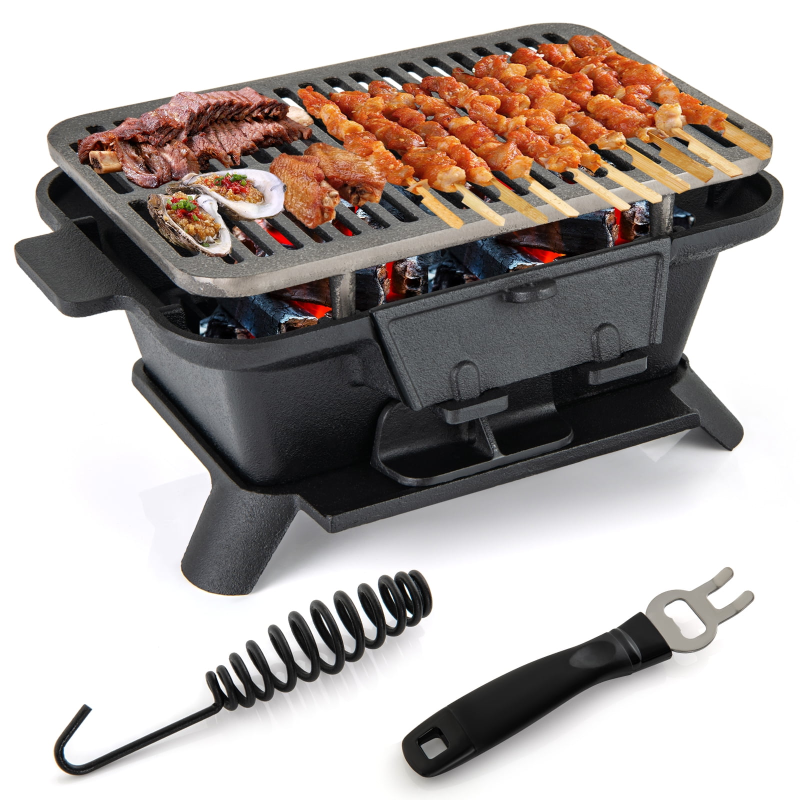 Gymax 100% Cast Iron Charcoal Grill Portable Hibachi Grill w/ Grill & Grate Hooks