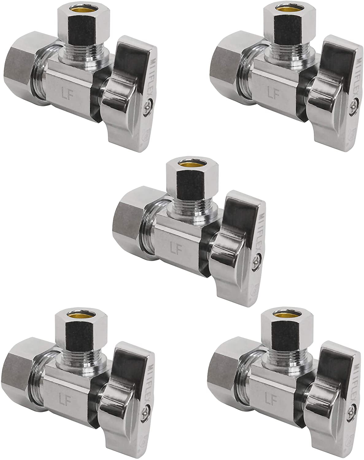 Heavy Duty 1/4 Quarter Turn Angle Shut Off Valve Squared Body 1/2 in. NOM Comp Inlet x 3/8 in. OD Compression Outlet Chrome Plated Brass (5 Pack)
