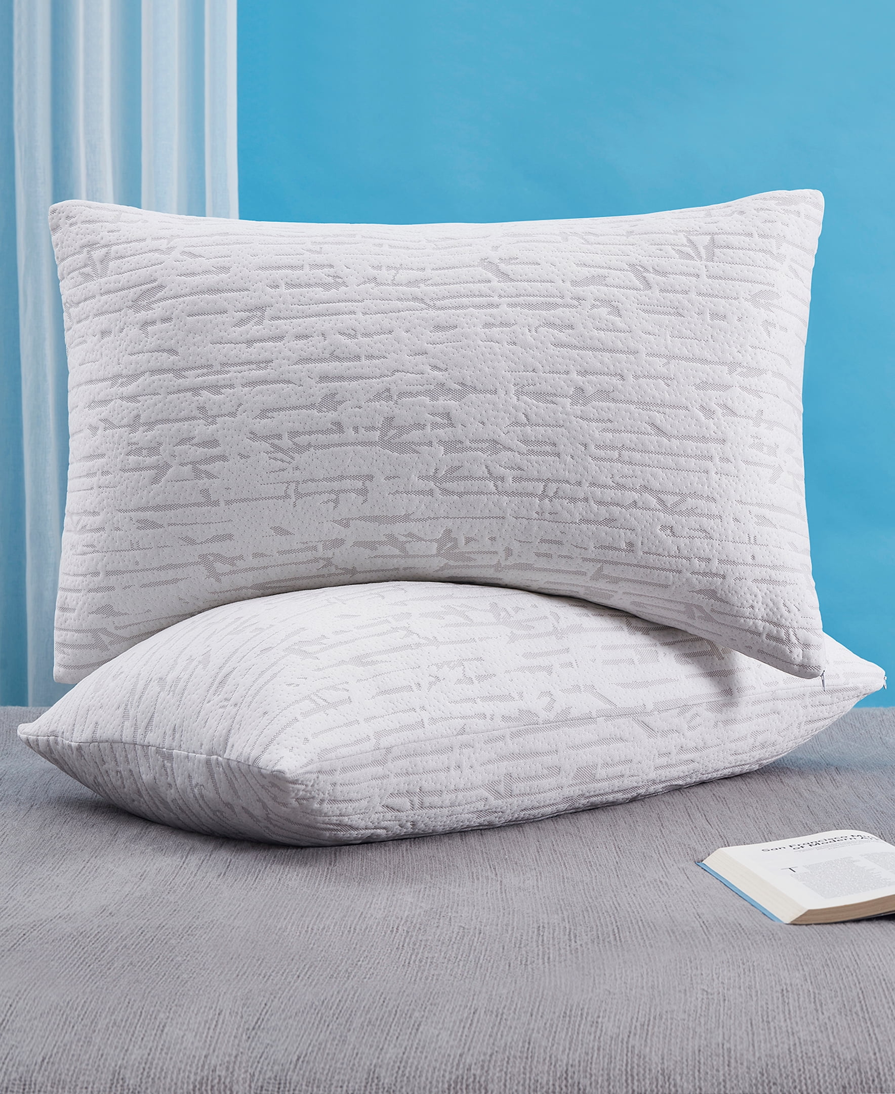 Hearth & Harbor Bed Pillows, Soft Bamboo Pillow Cover, Memory Foam Pillows for Bed, Queen Size Pillows, 2 Pack