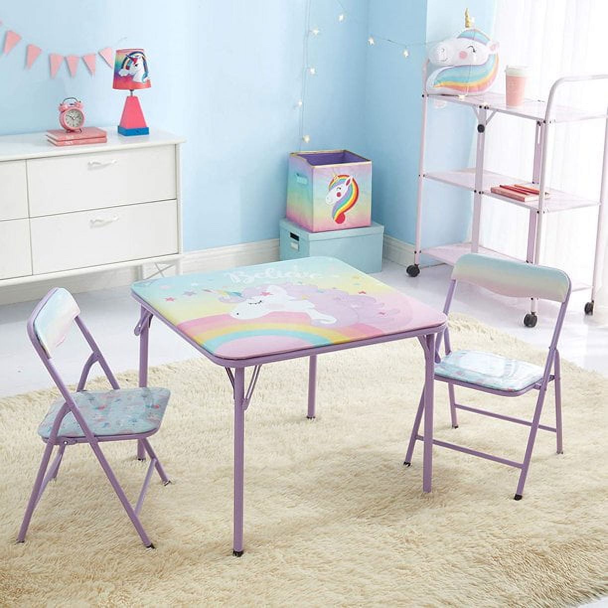 Heritage Kids Unicorn 3 Piece Table & Chair Set with 2 Folding Chairs and 1 Table, Ages 3+, Lavendar Painted Metal Frame