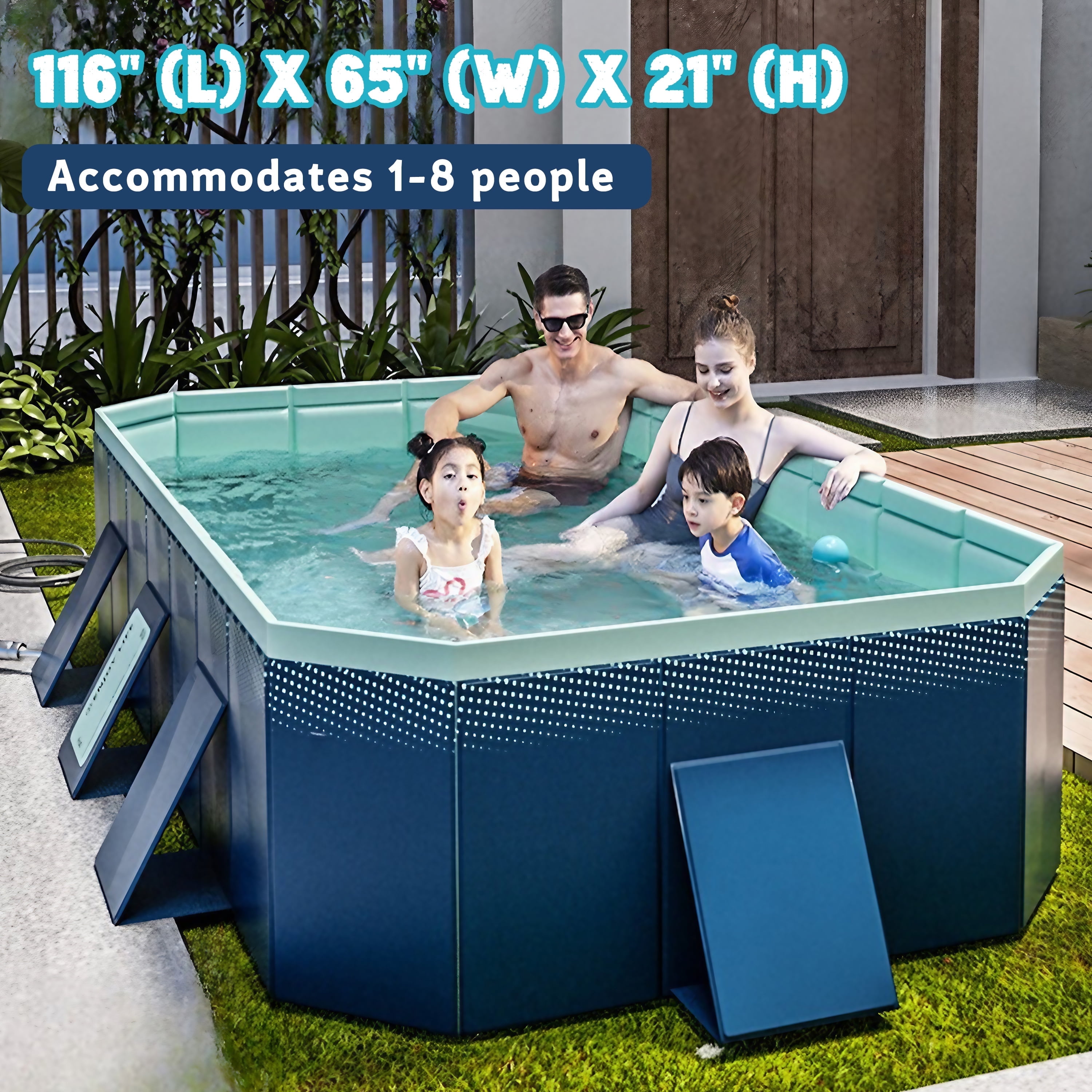 Hyindoor Outdoor Foldable Non-Inflatable Adults and Kids Swimming Pool Hard Plastic Anti-Slip for Lawn Garden Backyard（116" x 65" x 21"）