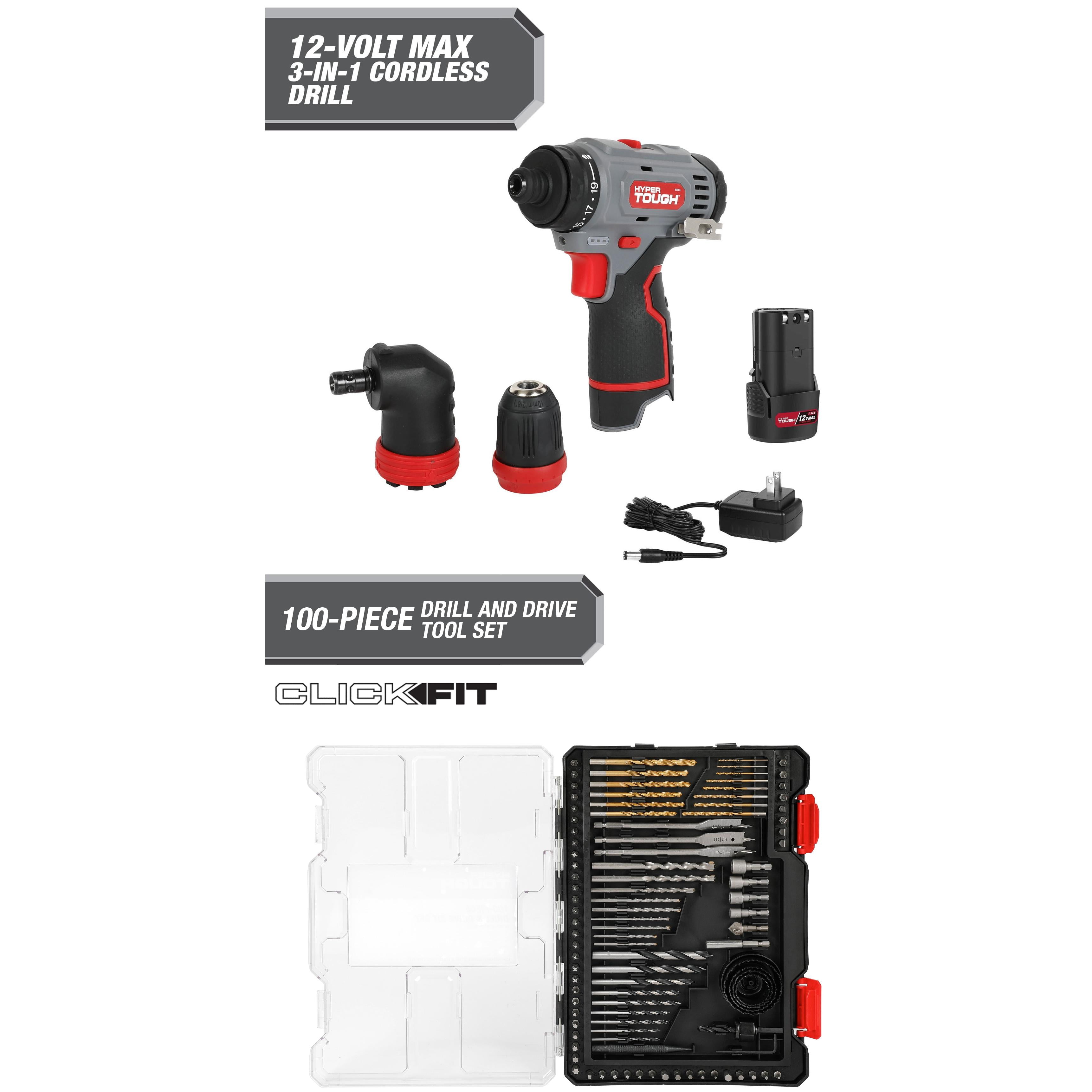 Hyper Tough 12V Max* 3-in-1 Multi-Head Power Drill Set with 1.5Ah Battery and Charger with Hyper Tough 100-Piece Drill and Drive Tool Set in Click Fit? Case Bundle