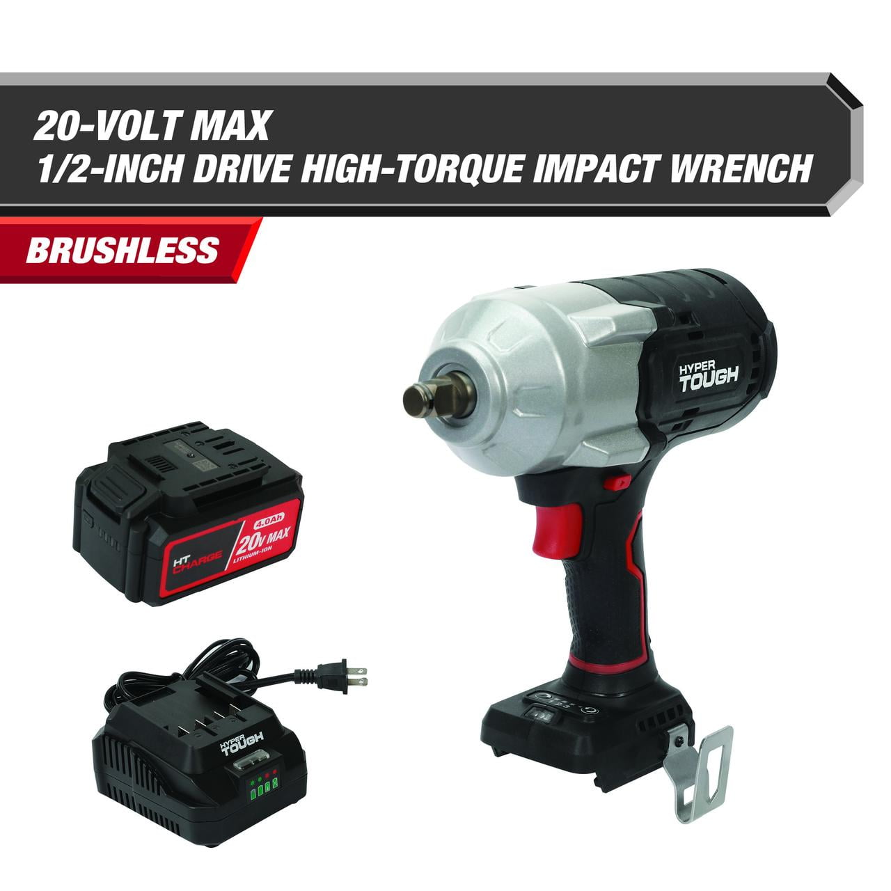 Hyper Tough 20V Max Brushless 1/2-inch High-Torque Cordless Impact Wrench with 4.0Ah Lithium-Ion Battery and Charger