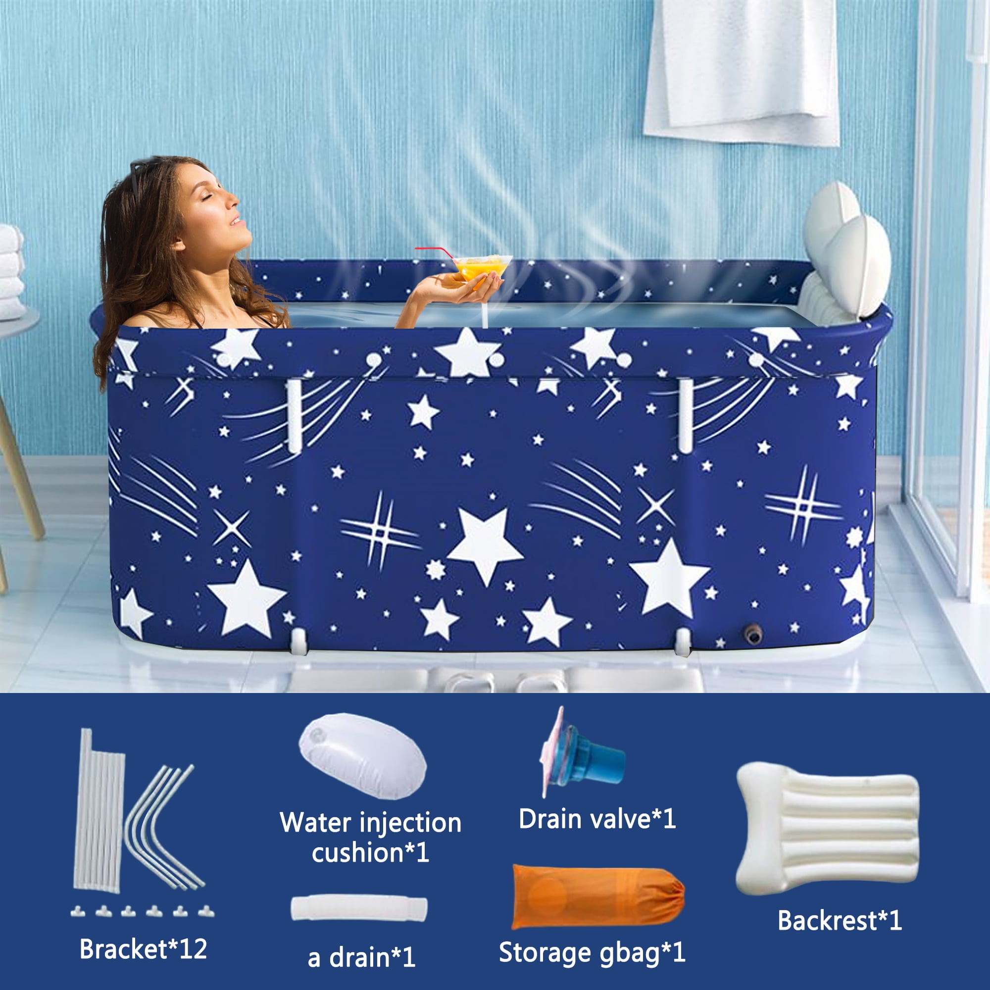 BEJOLO Folding Bathtub for Adult, 47in Large Protable Family APS Tub Foldable Soaking Bathing Shower Tub Kit, Starry Blue