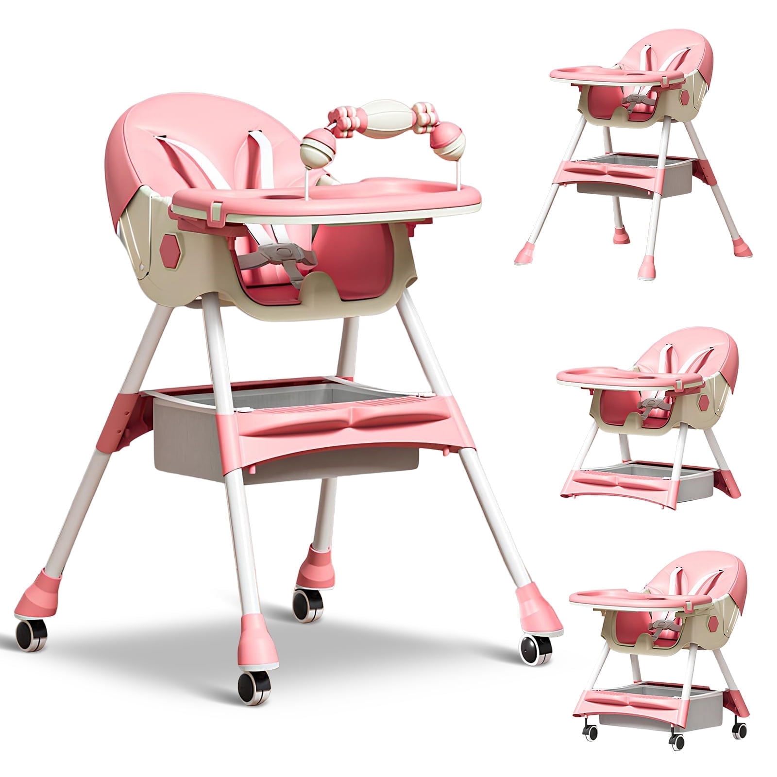 HAOUUCYIN 4-in-1 Baby High Chair, Portable Dining Chairs Eat & Play with Double-Layer Dinner Plate and Toy Rack, for 0-36 Months, Pink