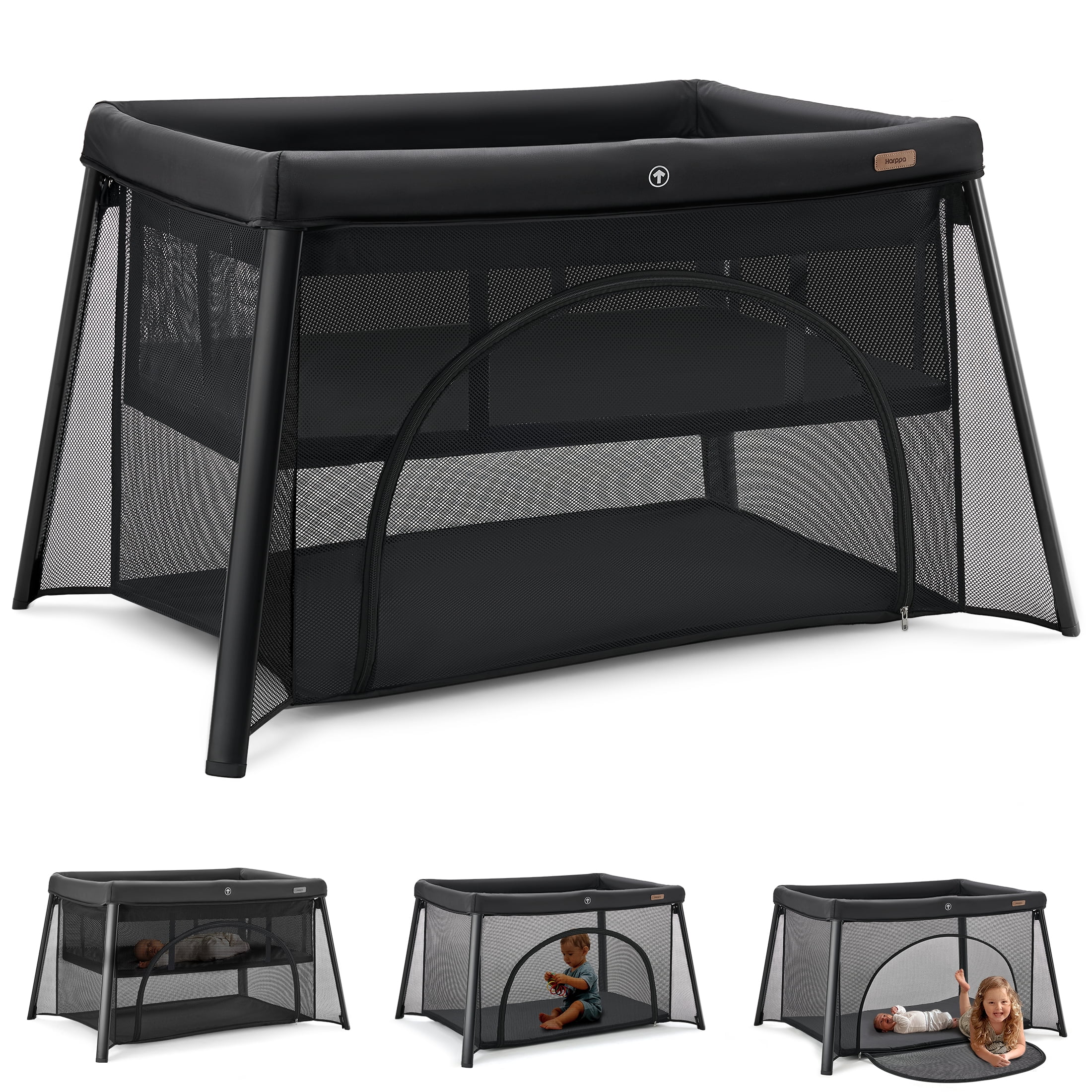 HARPPA Portable Travel Crib with Mattress, Foldable Playard for Baby and Toddler, 11lbs, Black