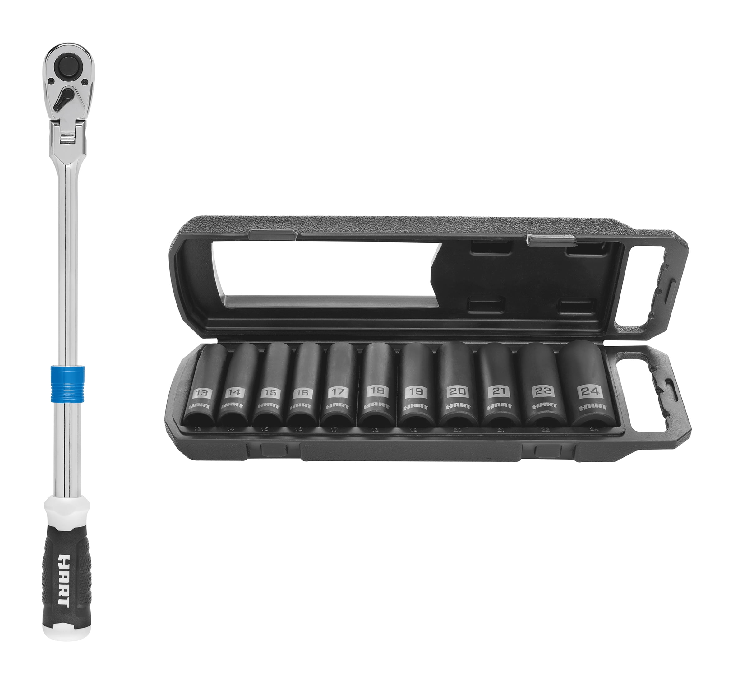 HART 1/2-inch Drive Extendable Ratchet with Flexible Head and HART 11-Piece 1/2-inch Drive MM Impact Socket Set, Chrome Vanadium