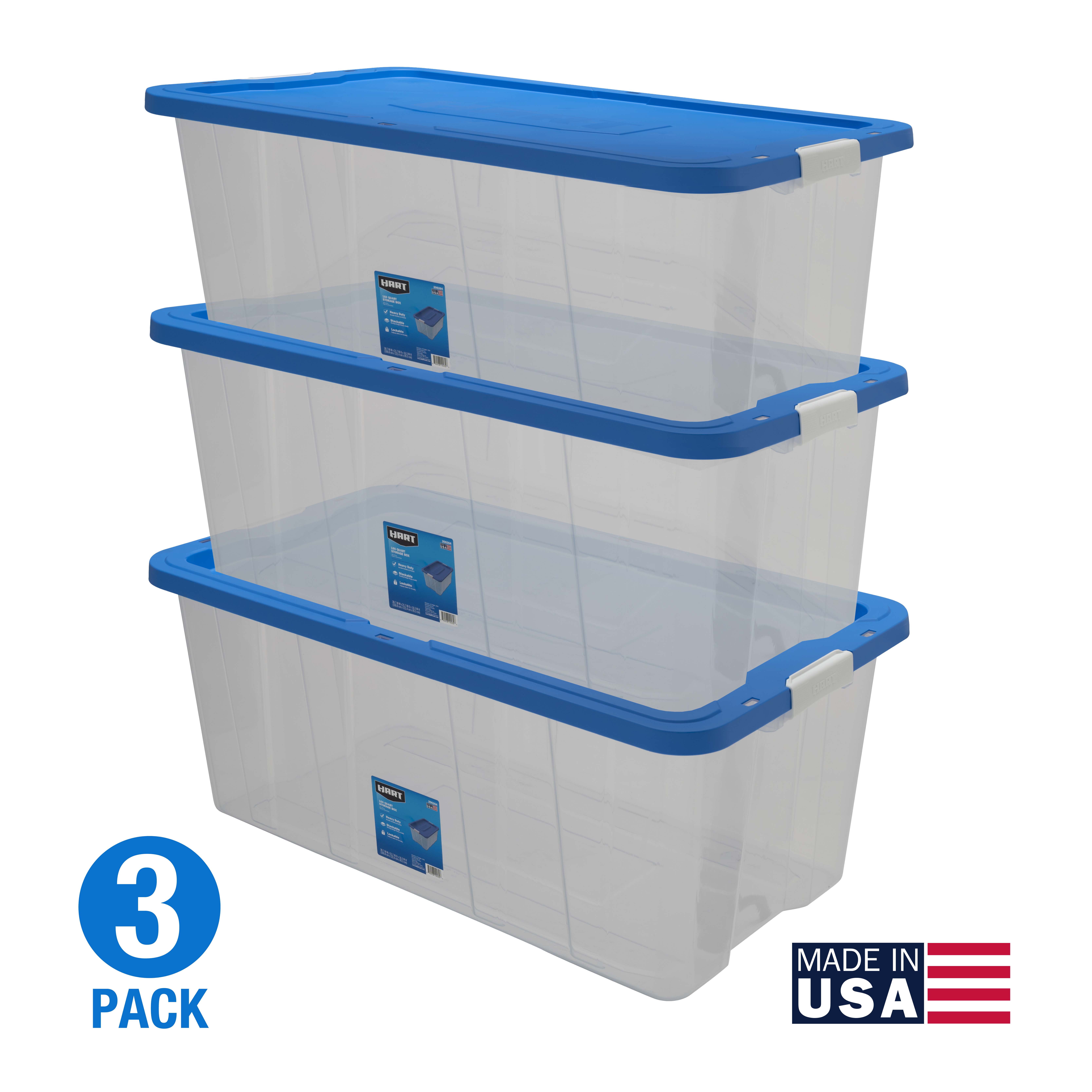 HART 160 Quart Latching Plastic Storage Bin Container, Clear, Set of 3