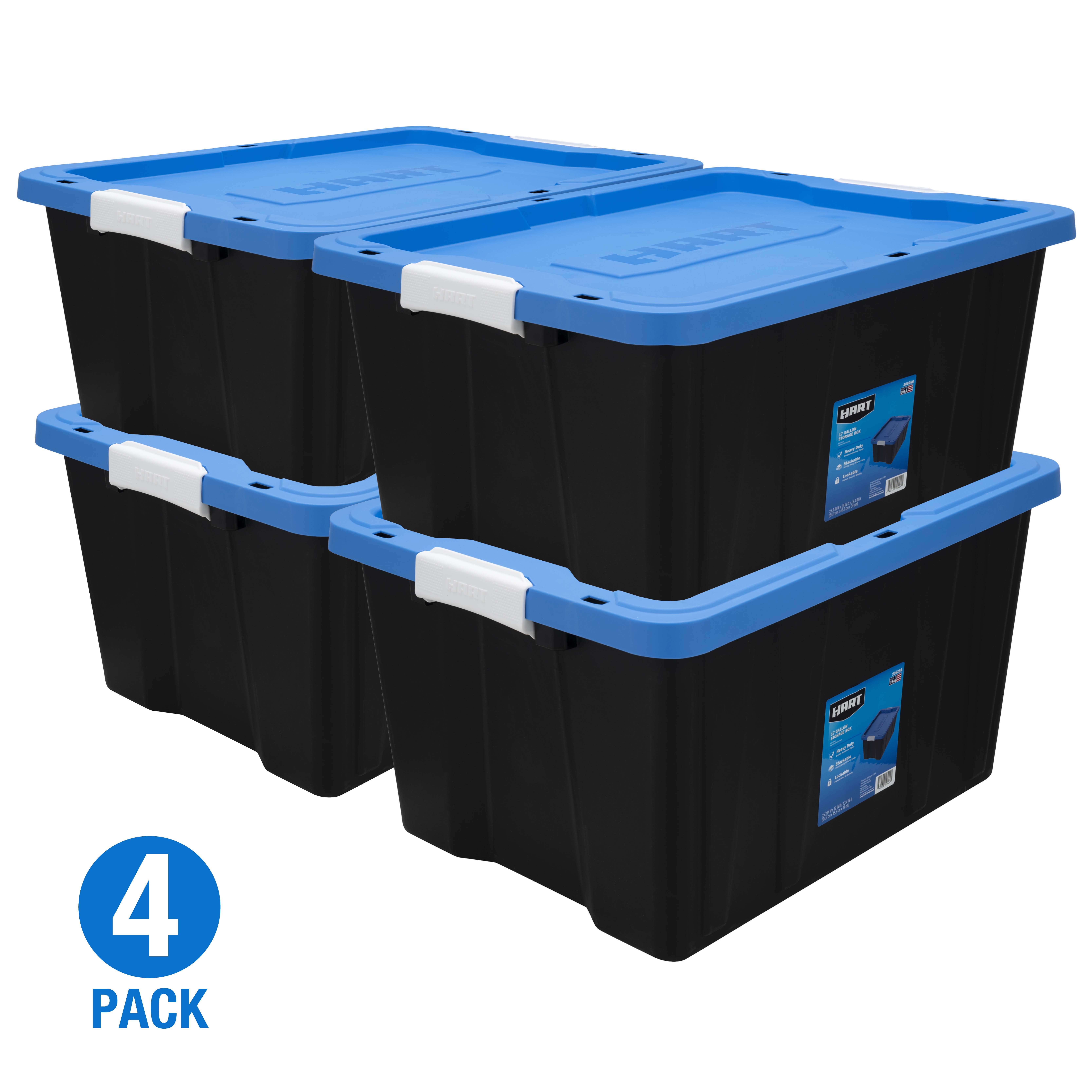 HART 17 Gallon Heavy Duty Latching Plastic Storage Box, Black Base/Blue Lid, Set of 4