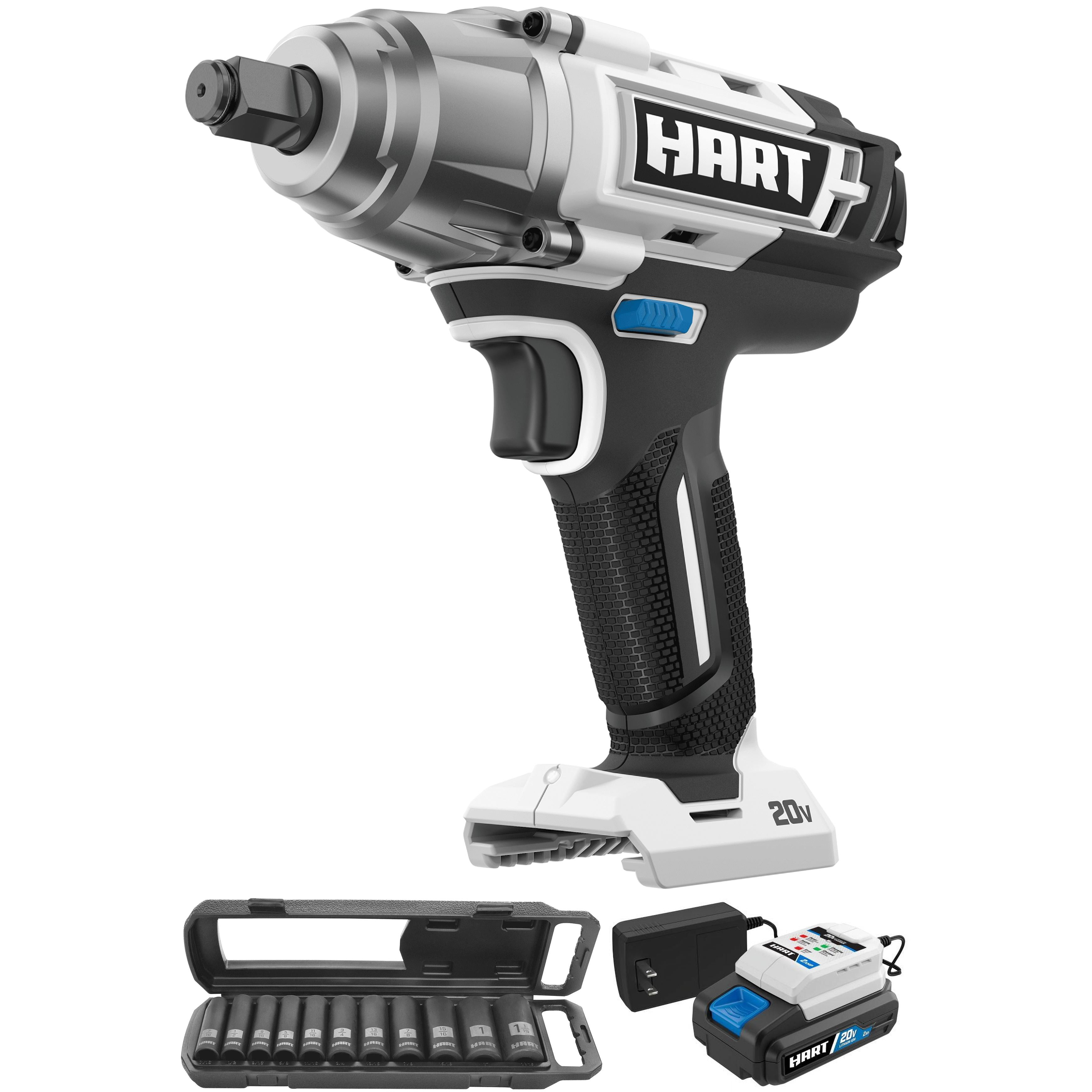 HART 20-Volt 1/2-inch Impact Wrench and 1/2-inch Impact Socket Set, MM Bundle, (1) 2.0Ah 20V Lithium-Ion Battery and Fast Charger