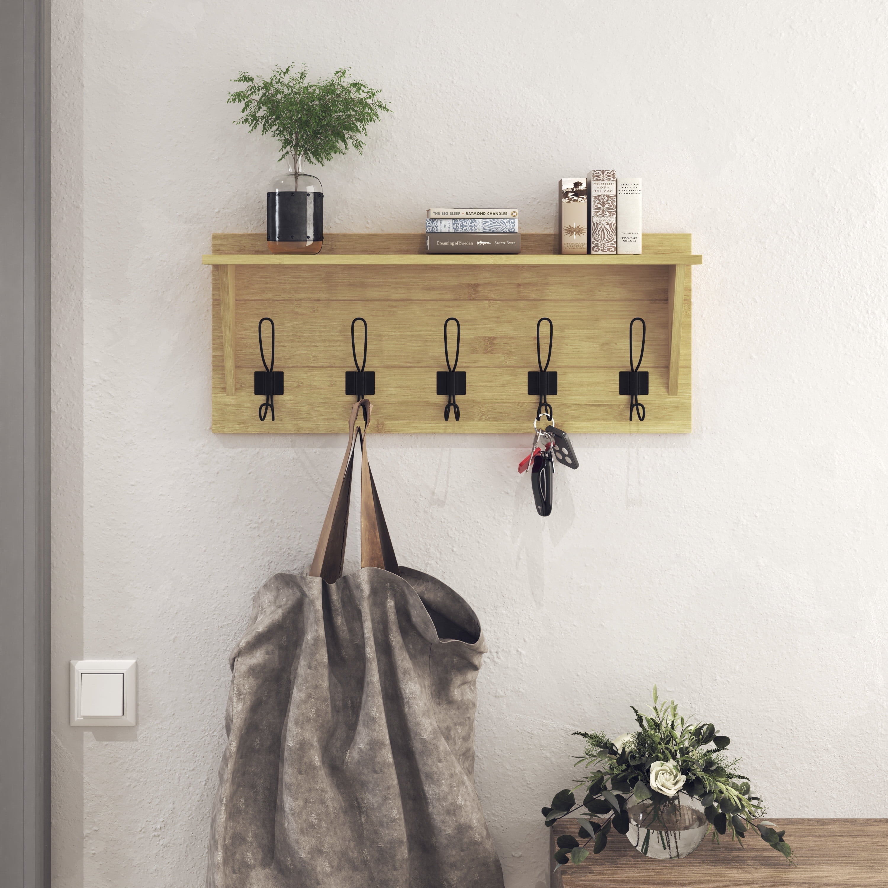 HBCY Creations Rustic Wall Mounted Coat Rack Shelf - Wooden Country Style 24" Entryway Shelf with Hooks - Solid Pine Wood - For Entryway, Kitchen, Bathroom (Bamboo)