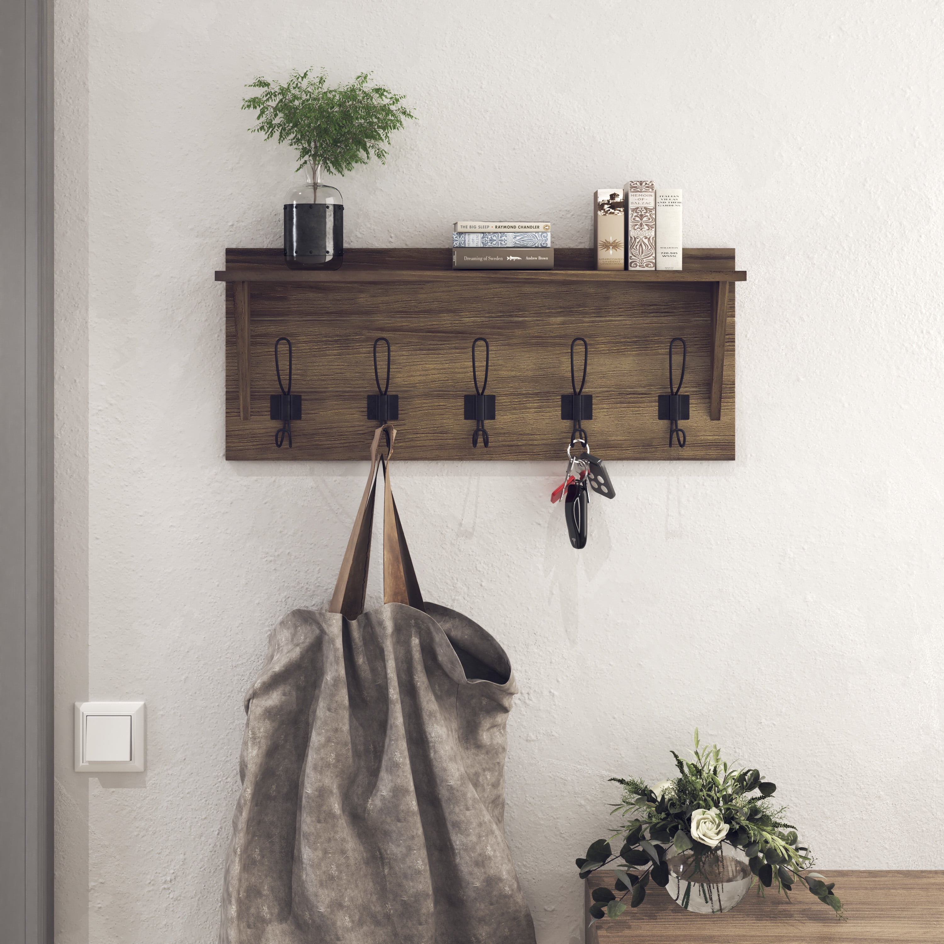 HBCY Creations Rustic Wall Mounted Coat Rack Shelf - Wooden Country Style 24" Entryway Shelf with Hooks - Solid Pine Wood - For Entryway, Kitchen, Bathroom (Rustic)
