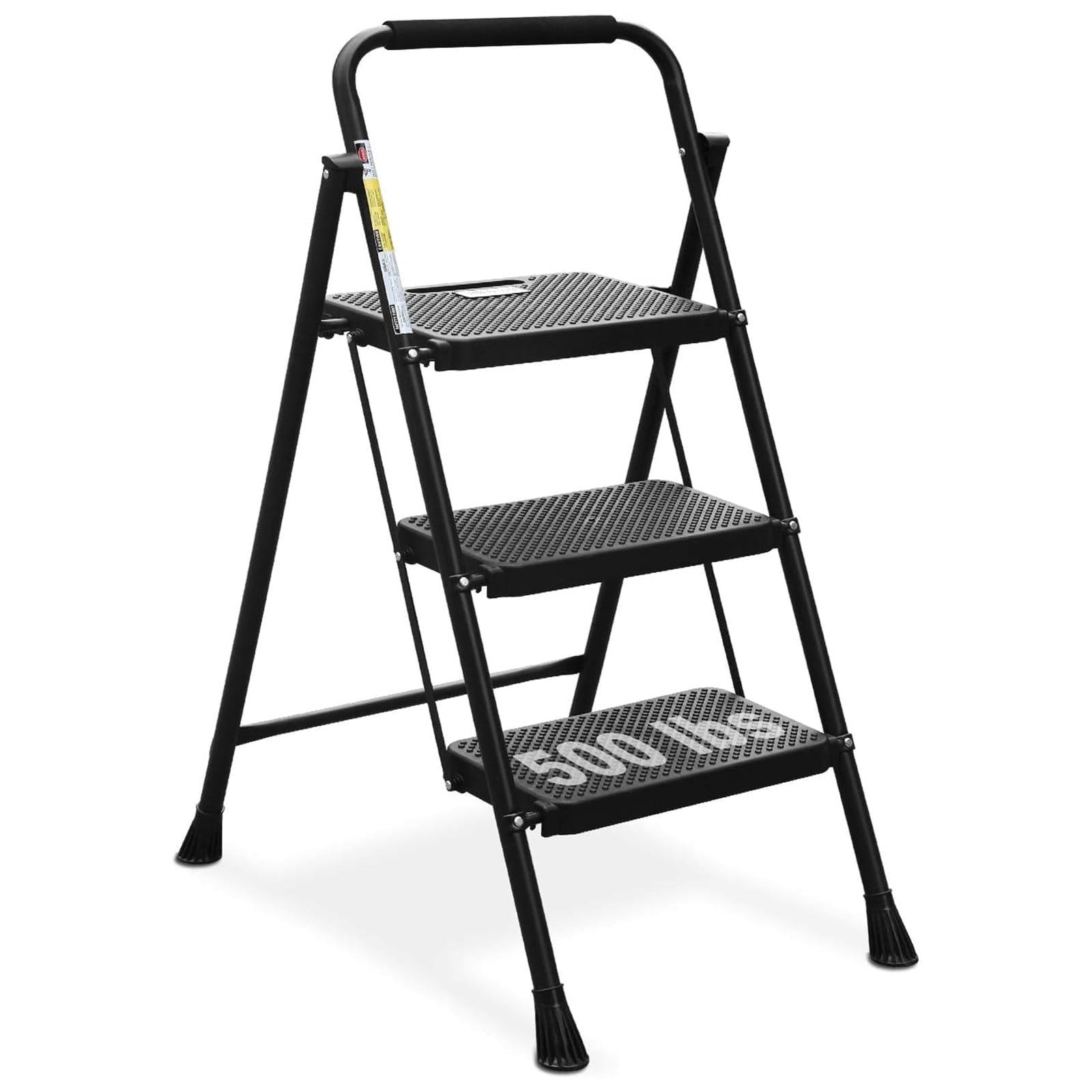 HBTower 3 Step Ladder, Folding Step Stool with Wide Anti-Slip Pedal, Convenient Handgrip, Lightweight 500lbs, Portable Steel Step Stool, Black