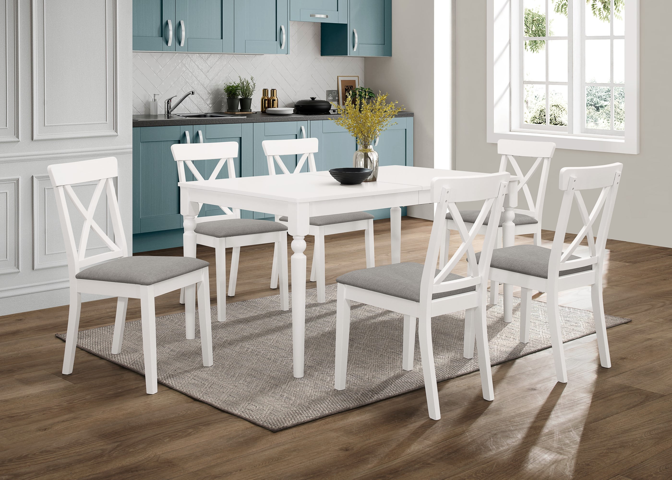 Home Design Beckley 7-Piece Dining Set, Gray/White, Rectangular Table, Cross-Back Cushioned Chairs, Modern Style, Durable Construction