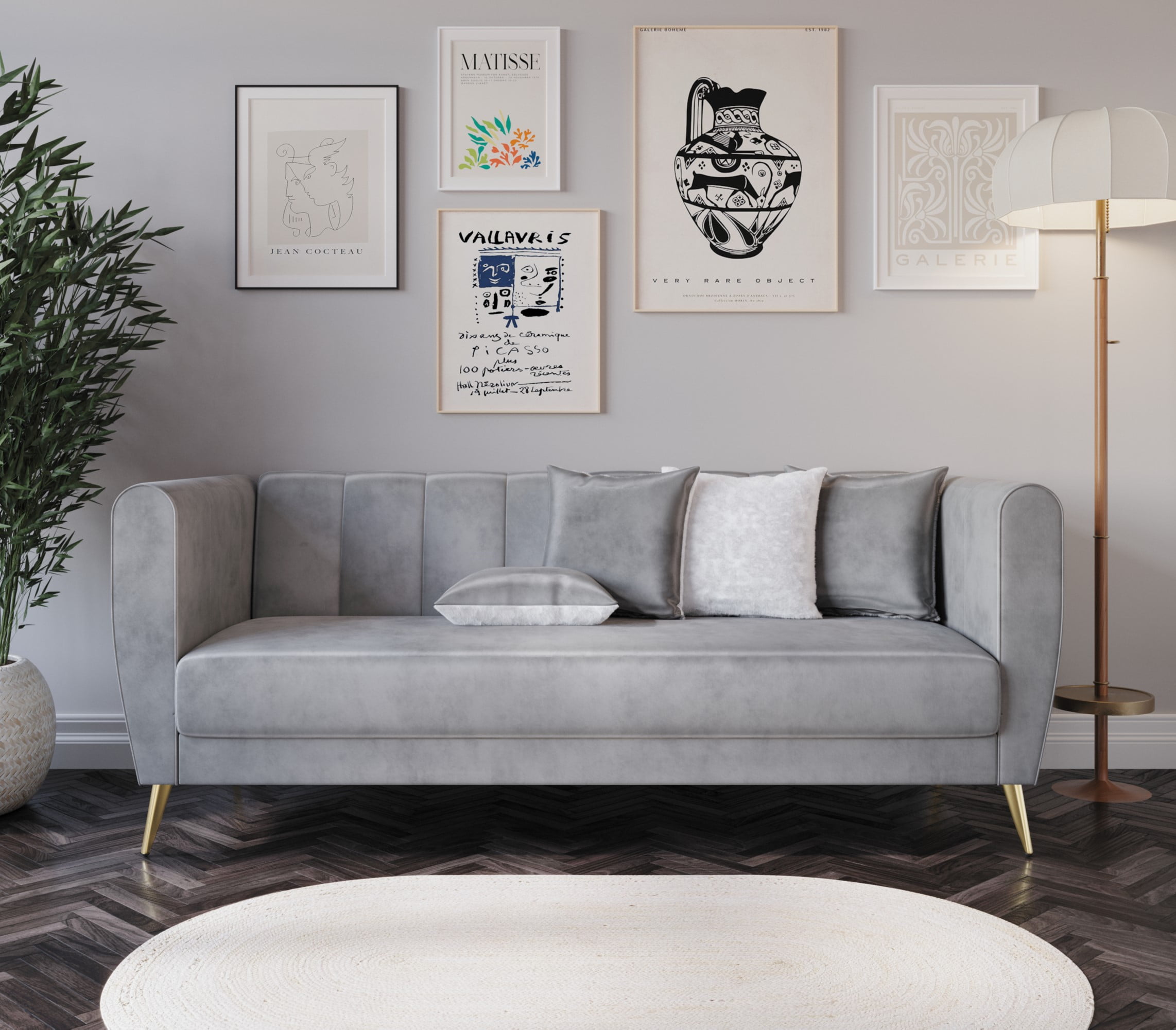 Home Design Scarlett Velvet Flared Arm 3-Seater Sofa with 4 Throw Pillows, Vertical Channel Tufting and Metal Legs, Modern Luxury, Silver Gray