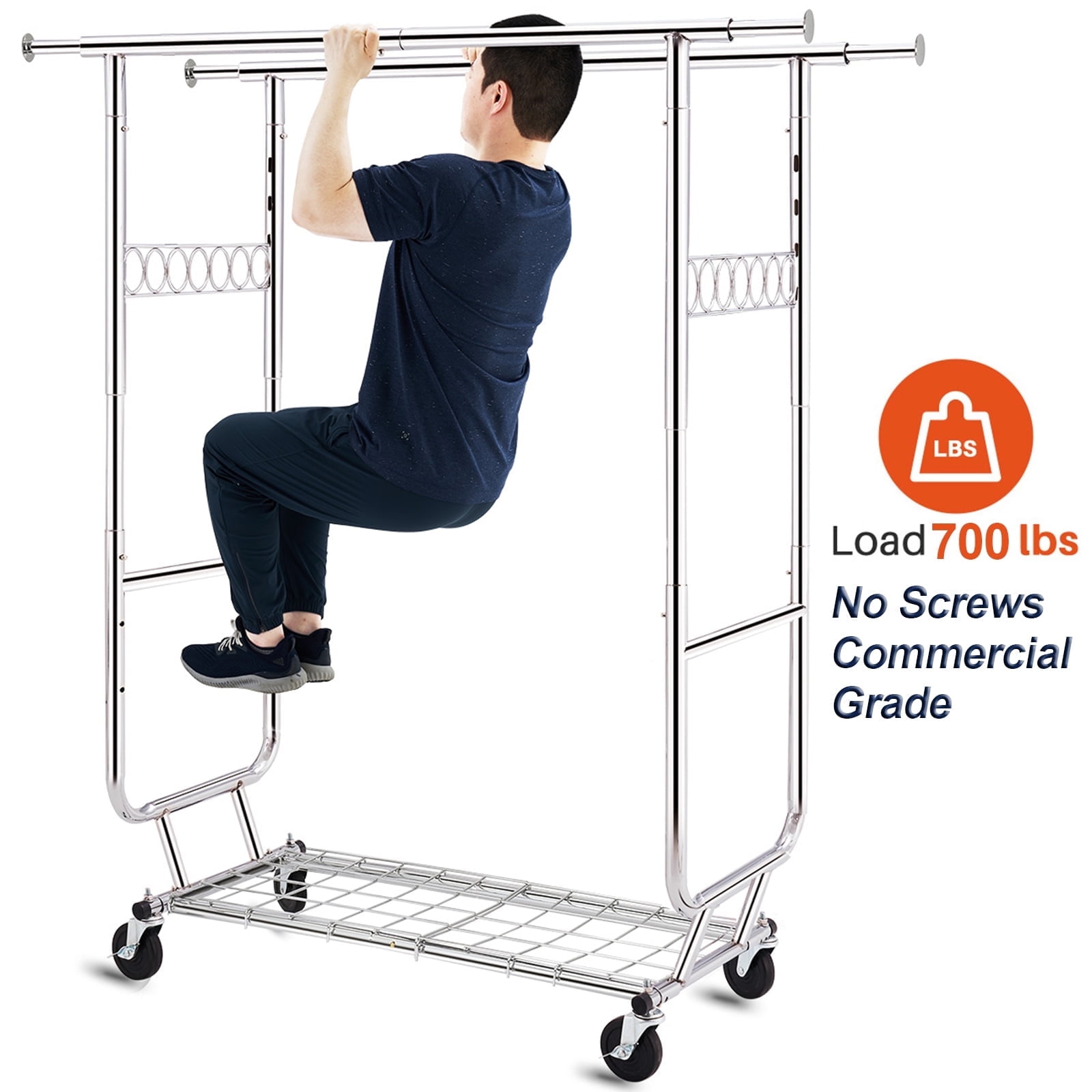 HOKEEPER 700 lbs Commercial Grade Heavy Duty Garment Rack with Shelves Collapsible Clothing Racks on Wheels Rolling Clothes Rack for Hanging Clothes Portable Adjustable, Chrome Finish