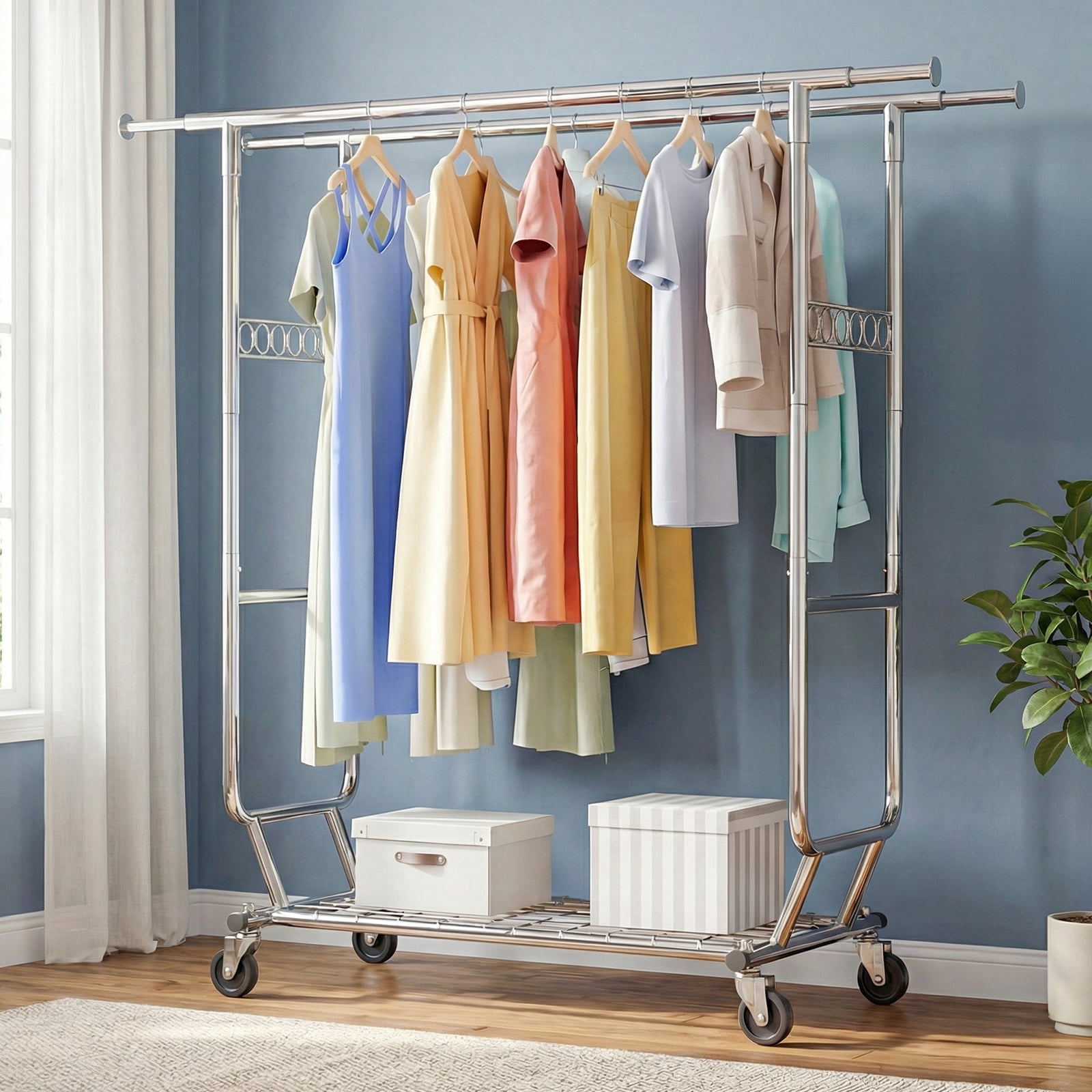 HOKEEPER 700 lbs Commercial Grade Heavy Duty Garment Rack with Shelves Collapsible Clothing Racks on Wheels Rolling Clothes Rack for Hanging Clothes Portable Adjustable, Chrome Finish