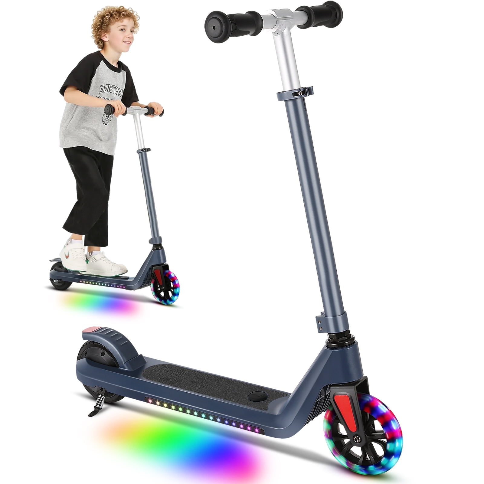 HOTEEL Electric Scooter for Kids Ages 6-12, up to 120 lbs, Up to 6 mph, 120W 22V Power Motor, Unique 7 Color Pedal Light, 5" E-Scooter for Kids Boys Girls Darkblue
