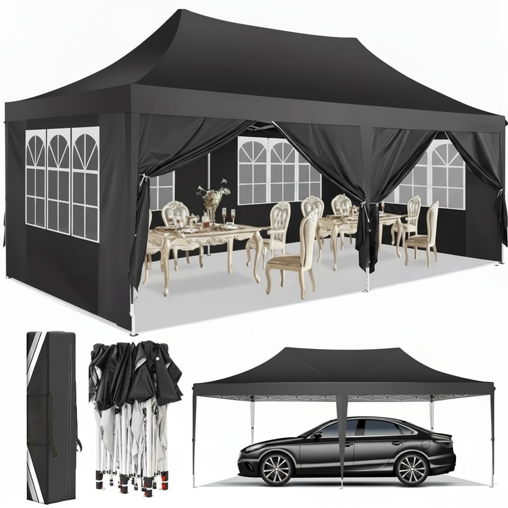 HOTEEL 10x20 Pop Up Canopy with Sidewalls, Easy Up Canopy Tent with Carry Bag, Outdoor Canopies with 4 Sandbags, Large Tents for Outdoor Events, Wedding, Backyard, Commercial, Black
