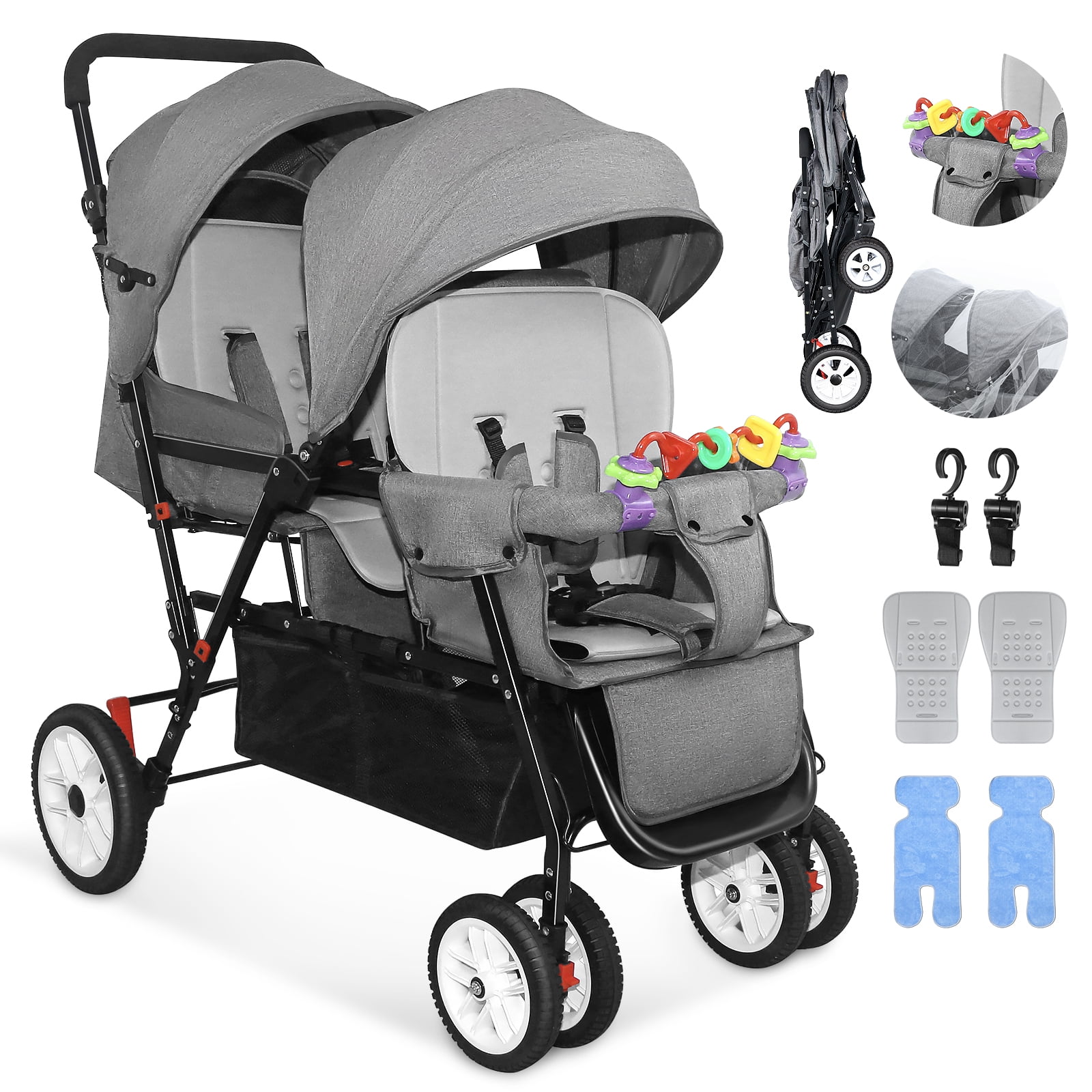HUART Double Stroller, can Sit and Lie Down Lightweight Folding Children's Stroller, Gray