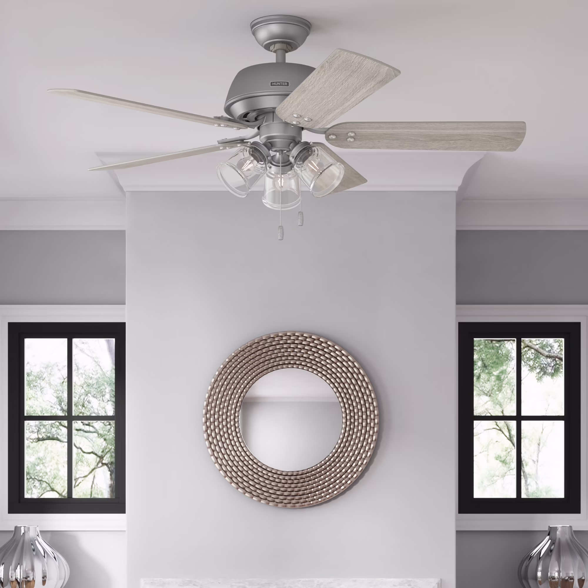 Hunter - Shady Grove Indoor Ceiling Fan With Light, 52-inch, Matte Silver, Casual-style, 3-speed WhisperWind Motor, 52382, for Living Rooms, Bedrooms