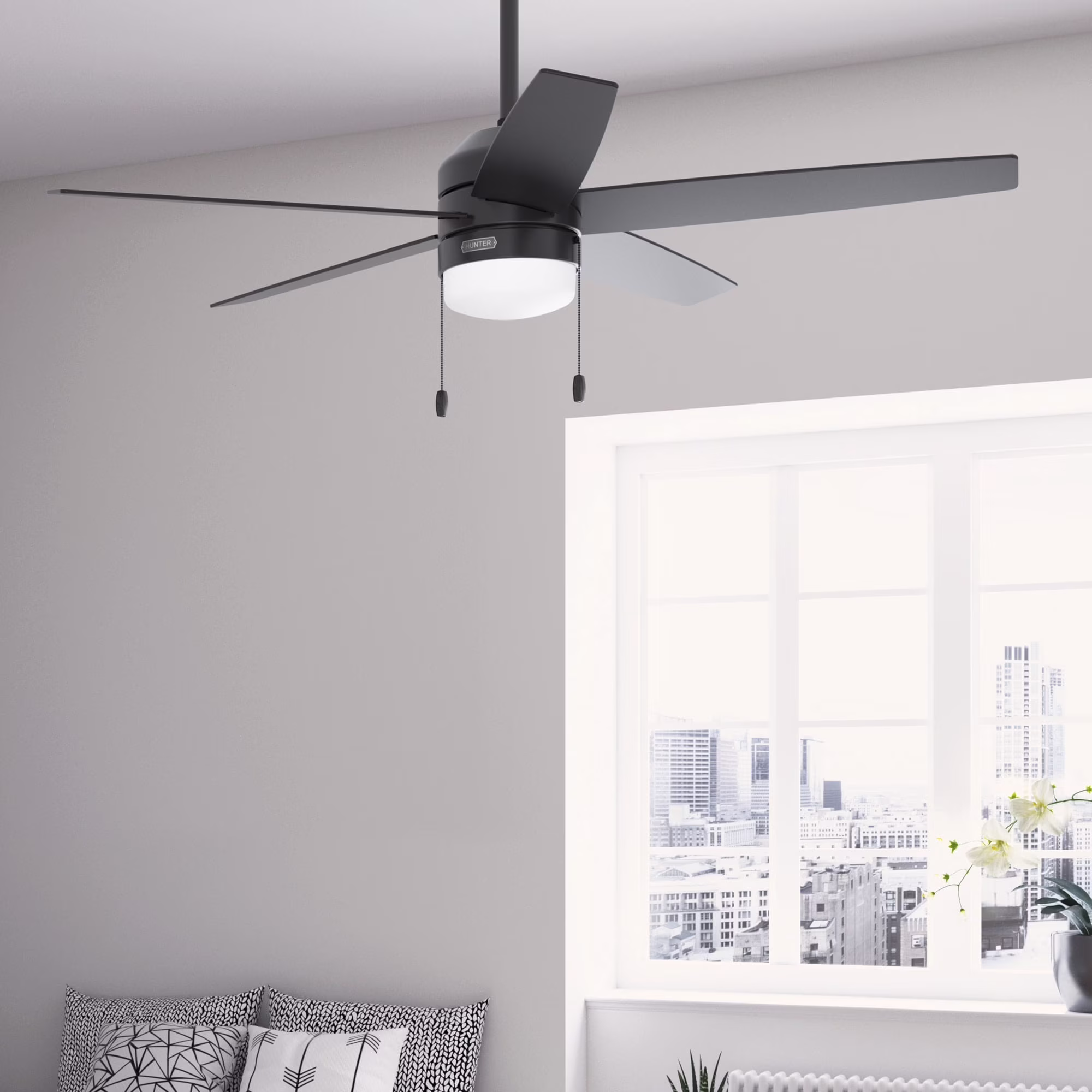 Hunter 52 inch Indoor Ceiling Fan with LED Light and Pull Chain - Black Modern Ceiling Fan, Standard Mount, 5 Blades, For Bedroom, Living Room, or Kitchen - Bardot 52491, Matte Black