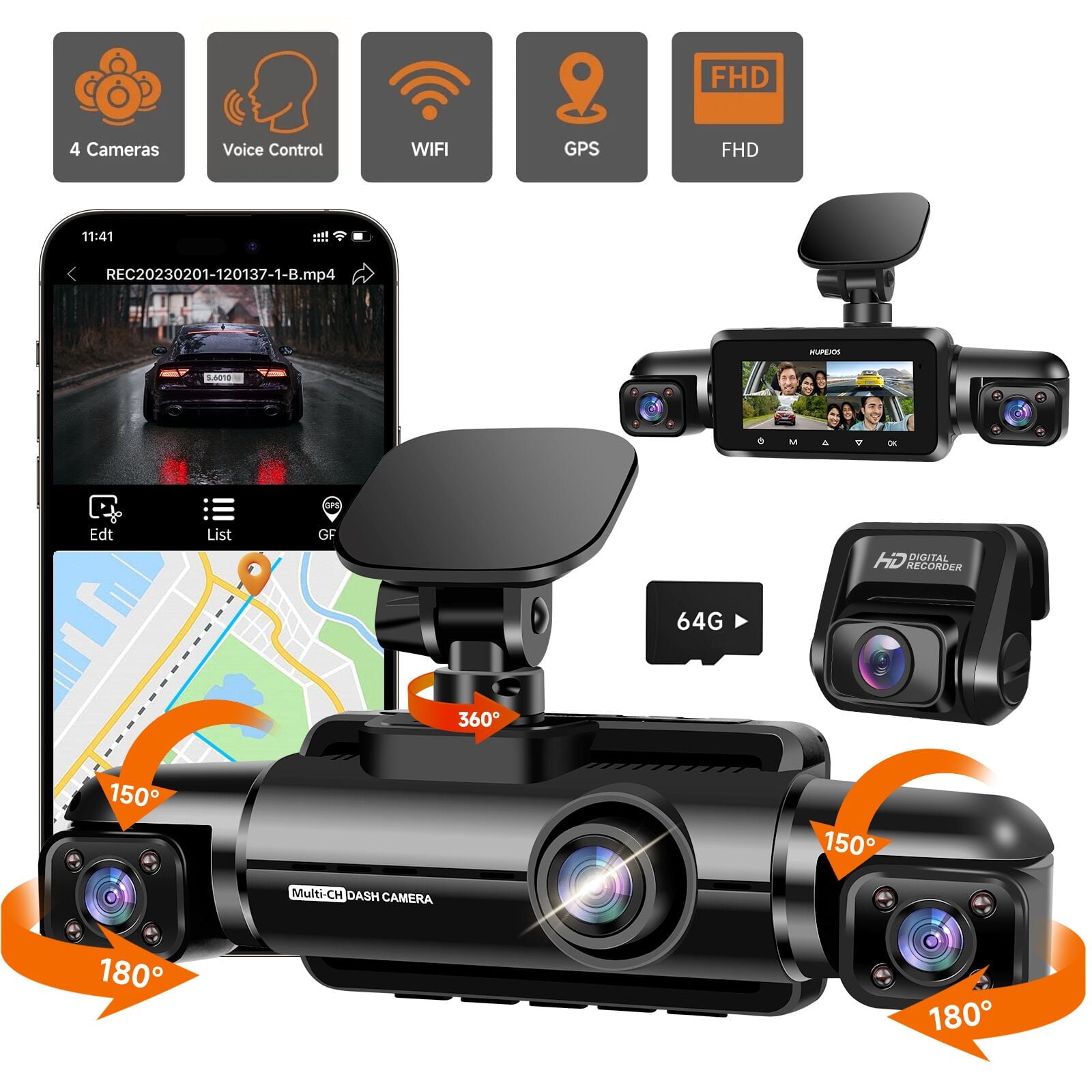 HUPEJOS GPS Dash Cam Front and Rear Inside, 360° Voice Control Car Camera, 4-Channel 1080P Dashcam for Cars, 64GB SD Card Included, Night Vision, WDR, APP & WiFi Supported, 24H Parking Mode