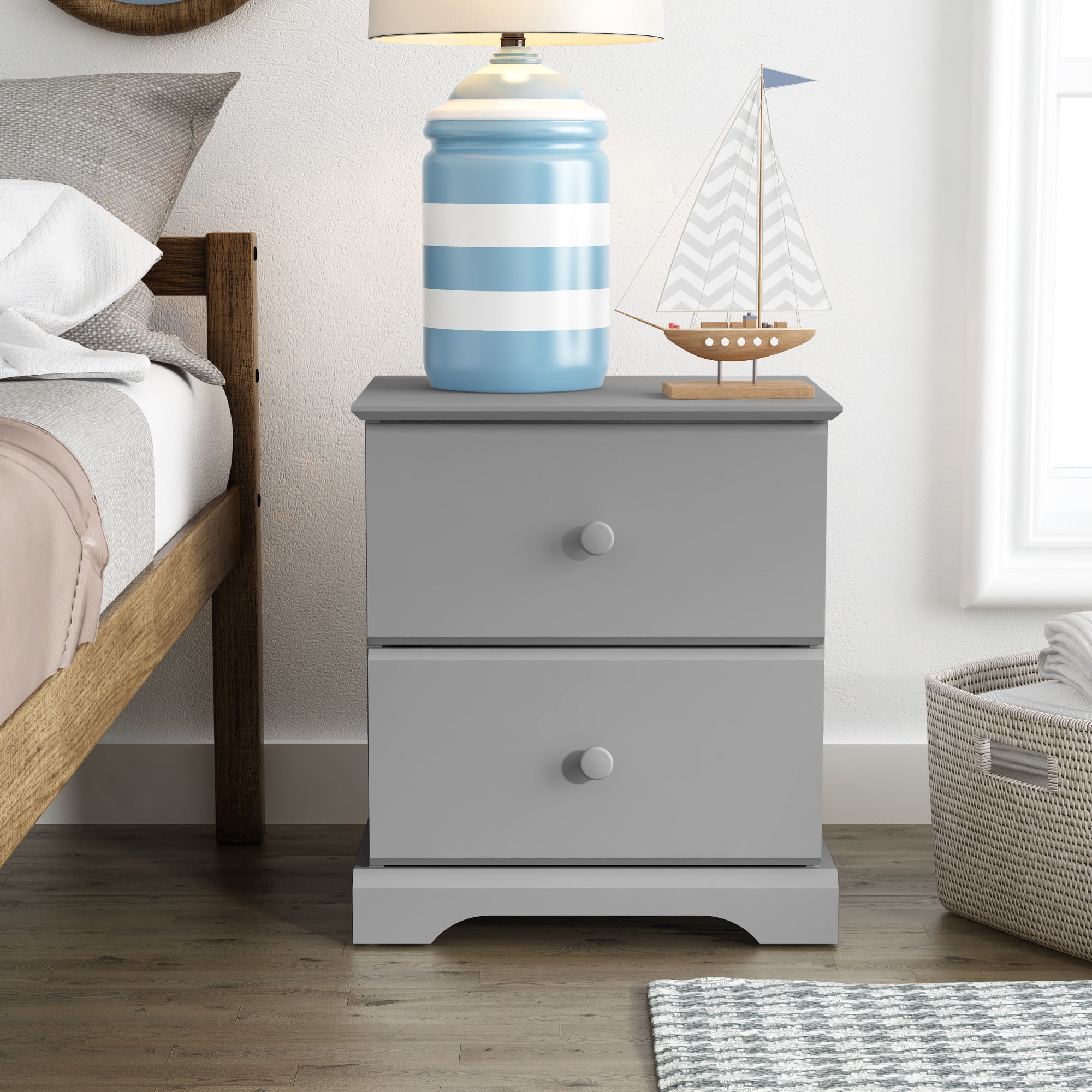 HH2Home Campbell Wood 2 Drawer Kids Nightstand, Gray